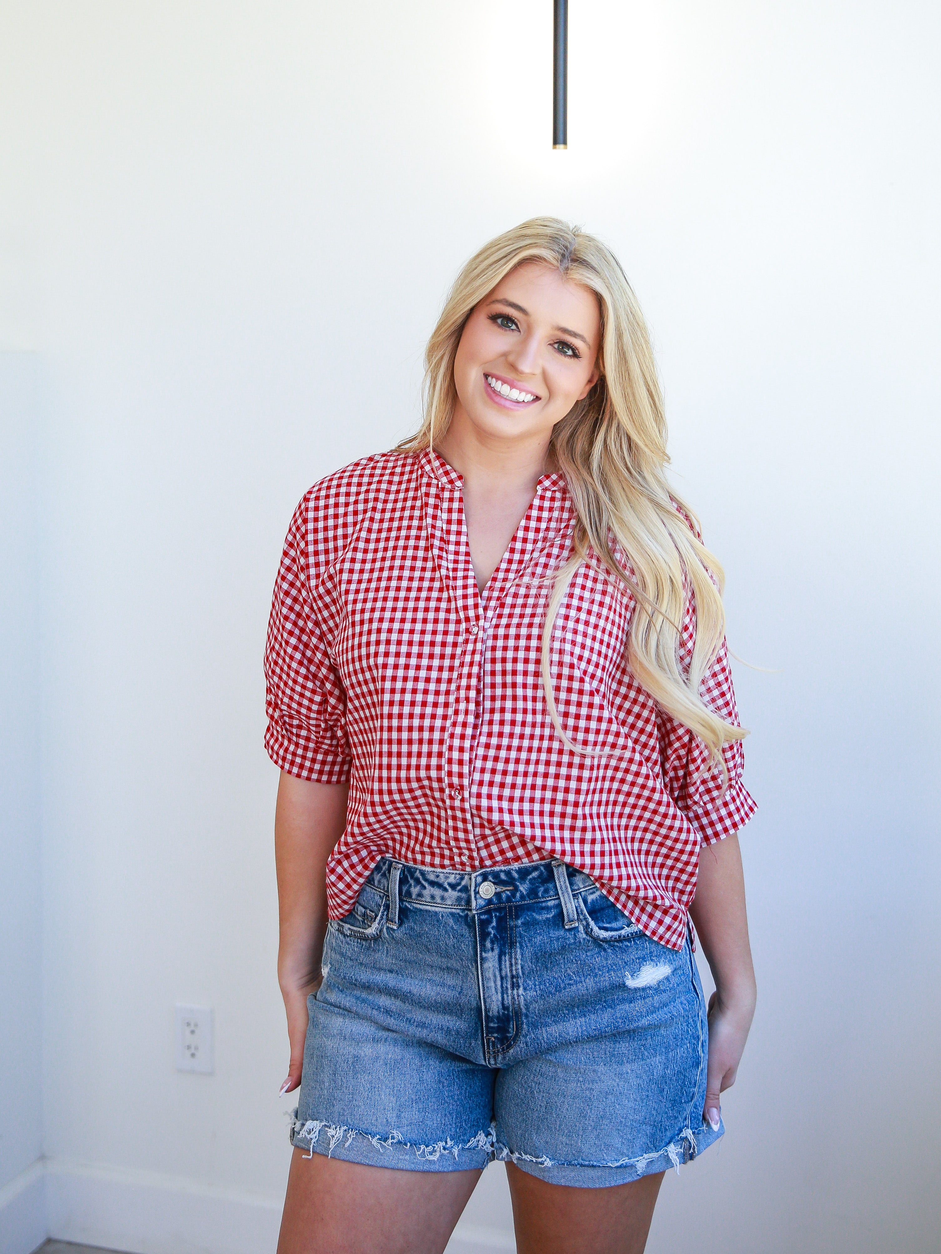 Gingham Sweetheart Blouse - Red-200 Fashion Blouses-ALLIE ROSE-July & June Women's Fashion Boutique Located in San Antonio, Texas