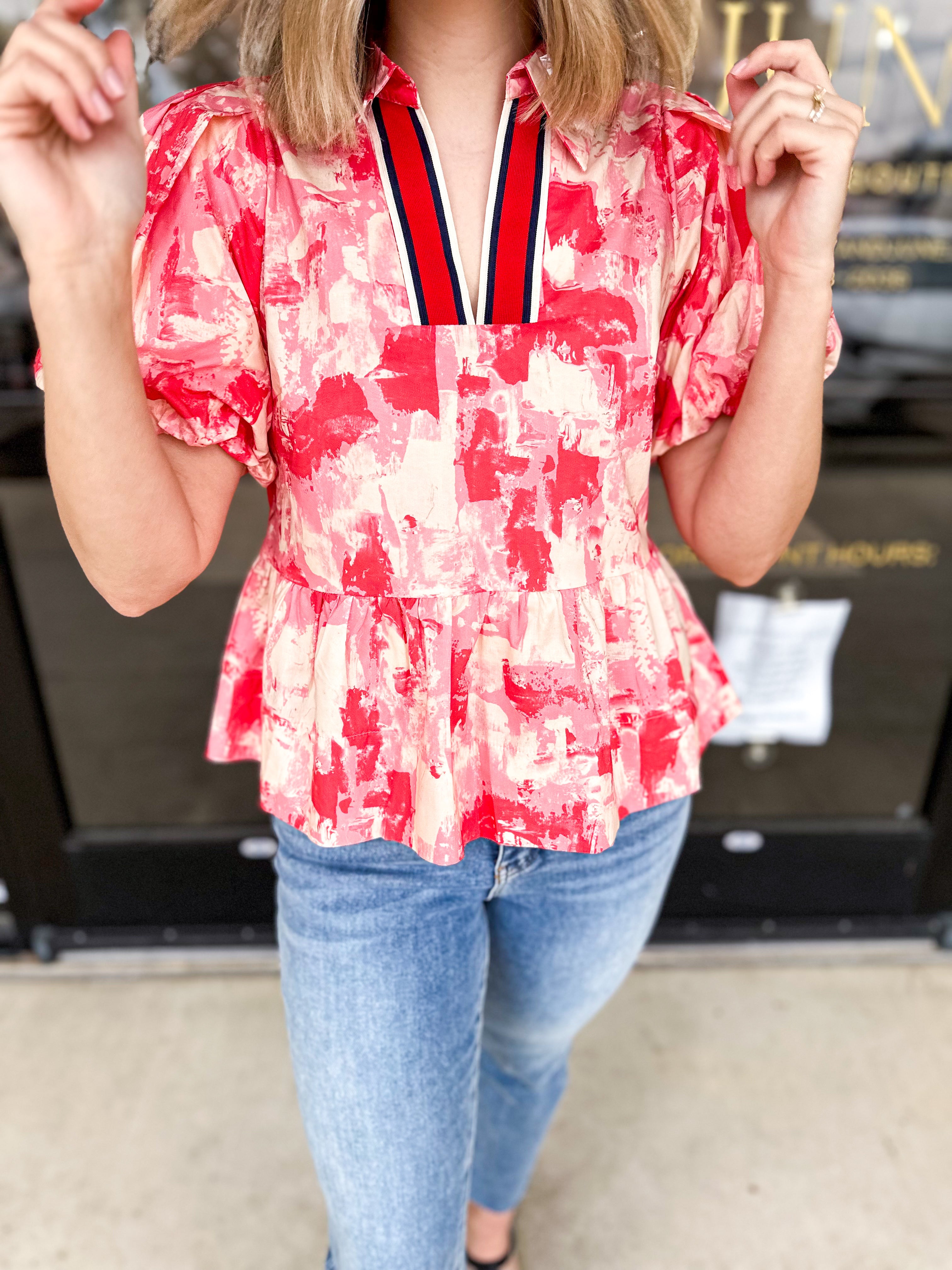 Peplum Chic Blouse - Pink Combo-200 Fashion Blouses-ENTRO-July & June Women's Fashion Boutique Located in San Antonio, Texas