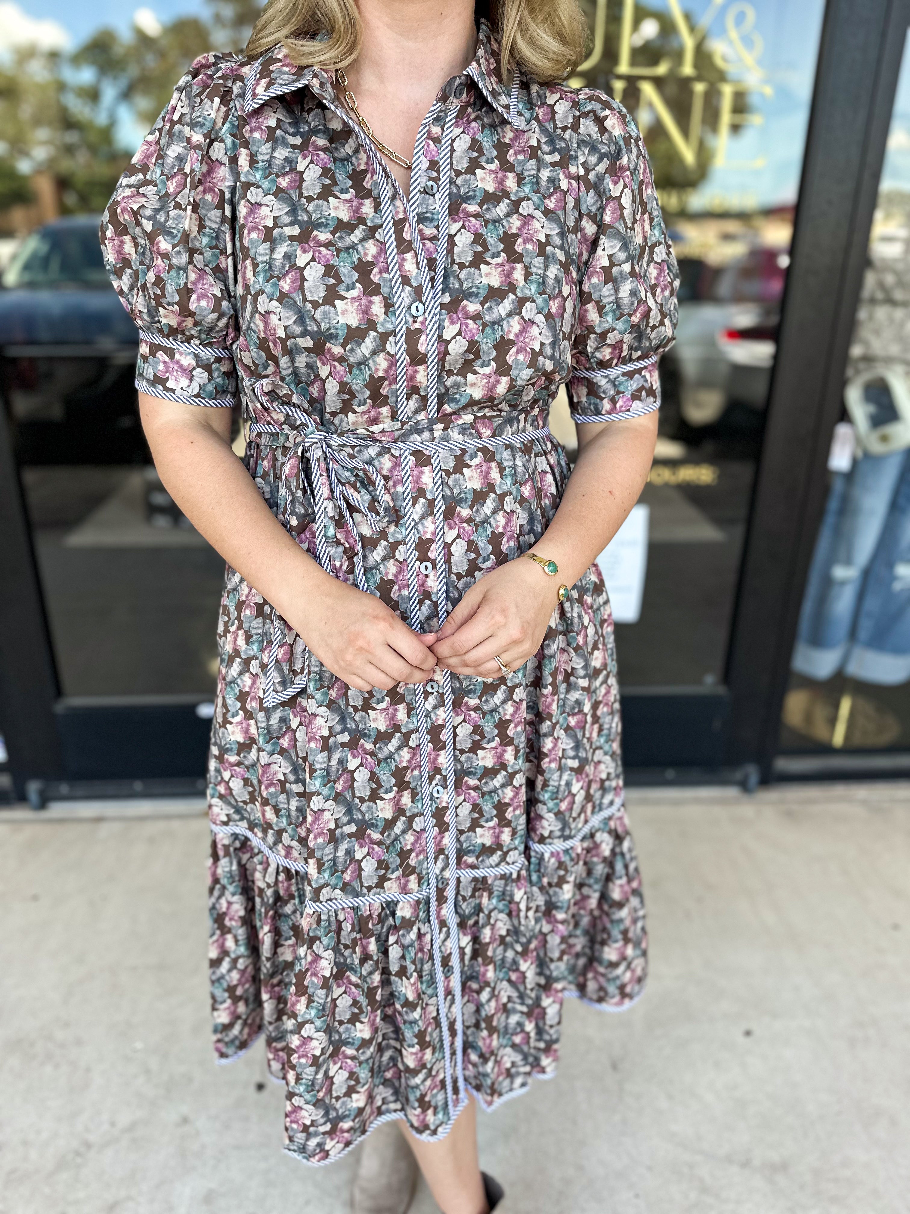 Mocha Floral Midi Dress-500 Midi-ENTRO-July & June Women's Fashion Boutique Located in San Antonio, Texas