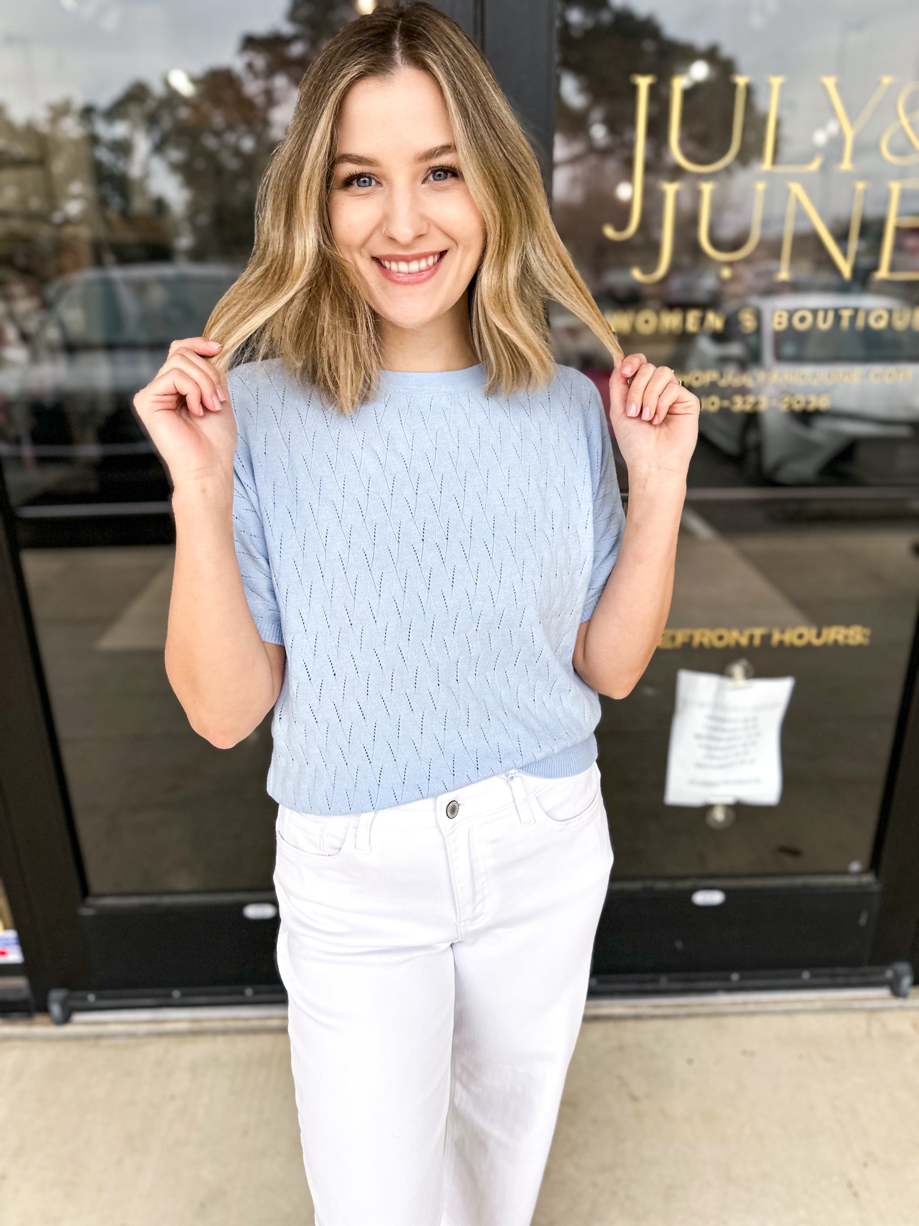 Pastel Knit Tee - Soft Blue-230 Sweaters/Cardis-ALLIE ROSE-July & June Women's Fashion Boutique Located in San Antonio, Texas