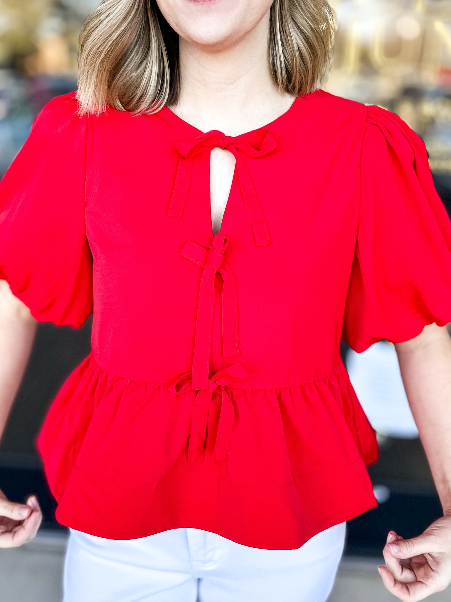 Feminine Bow Blouse - Red-200 Fashion Blouses-ENTRO-July & June Women's Fashion Boutique Located in San Antonio, Texas