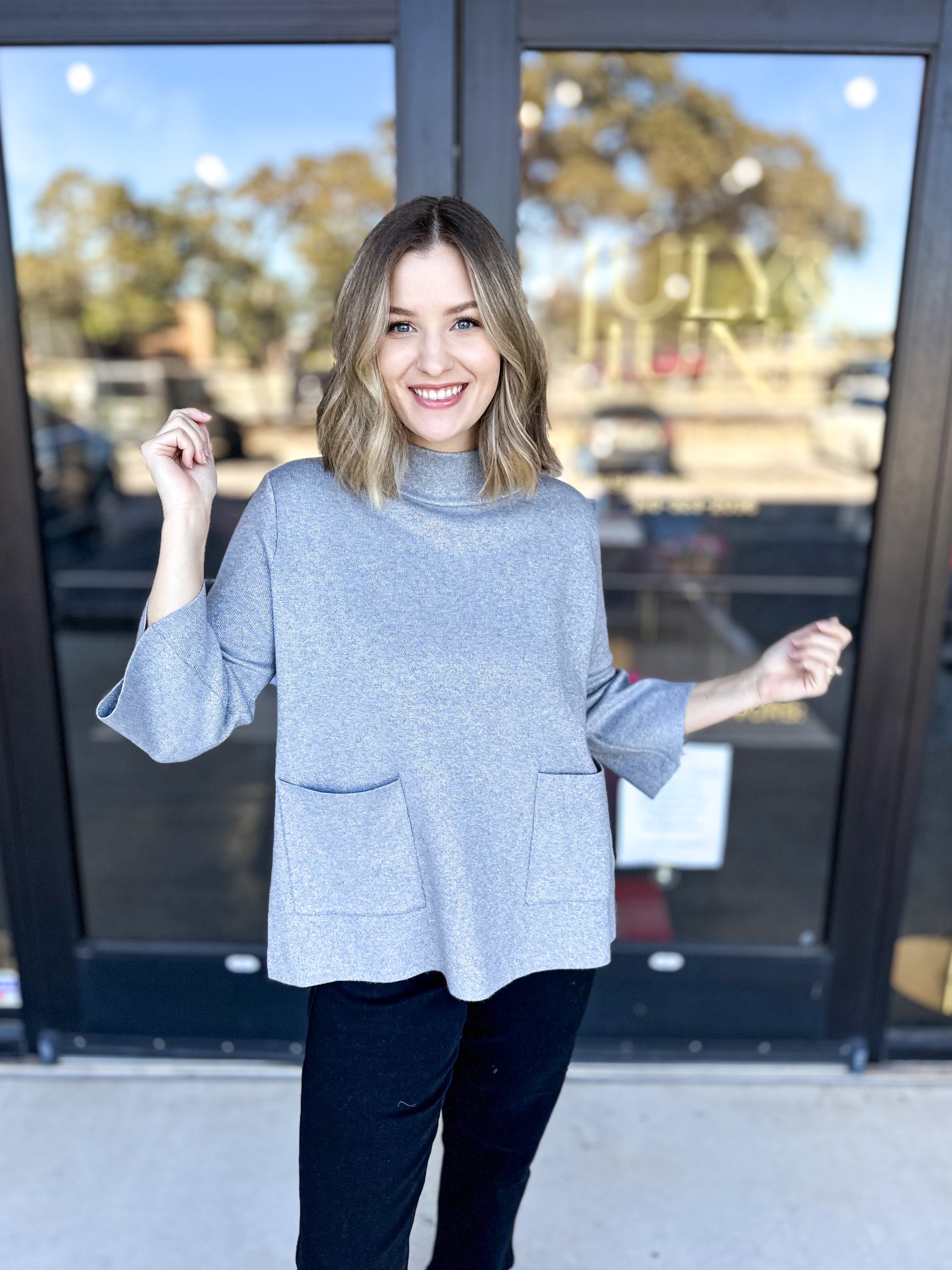 Sparkle Mock Neck Sweater-Grey-230 Sweaters/Cardis-FATE-July & June Women's Fashion Boutique Located in San Antonio, Texas