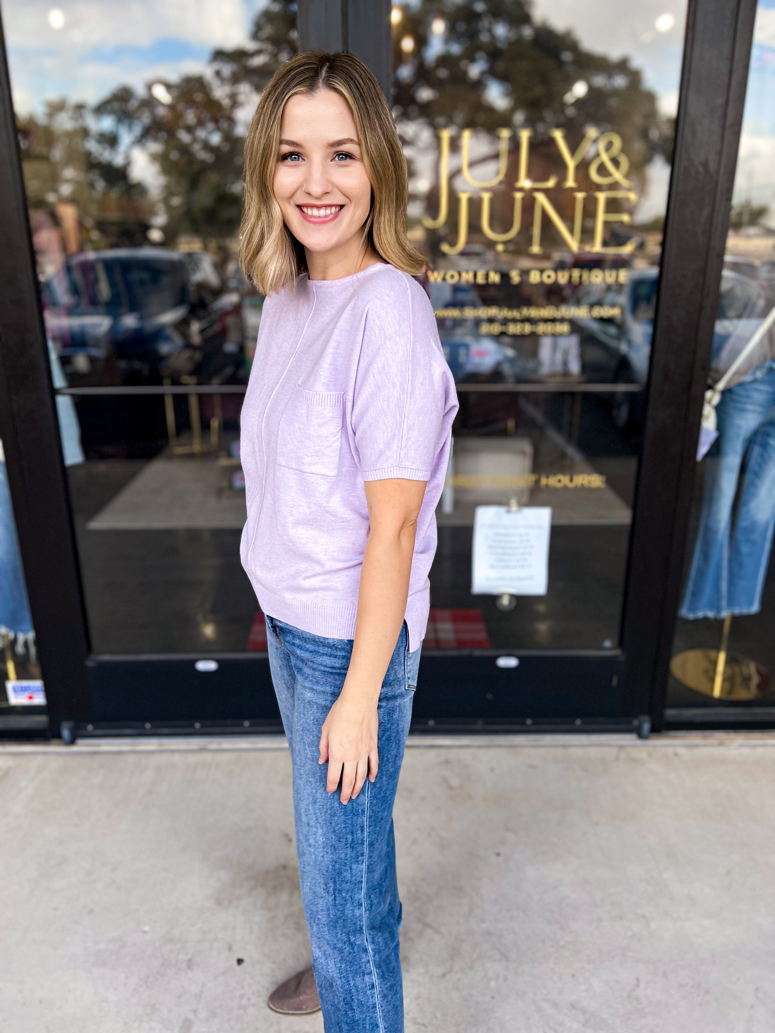 Comfy Pocket Sweater Tee - Lavender-200 Fashion Blouses-ALLIE ROSE-July & June Women's Fashion Boutique Located in San Antonio, Texas