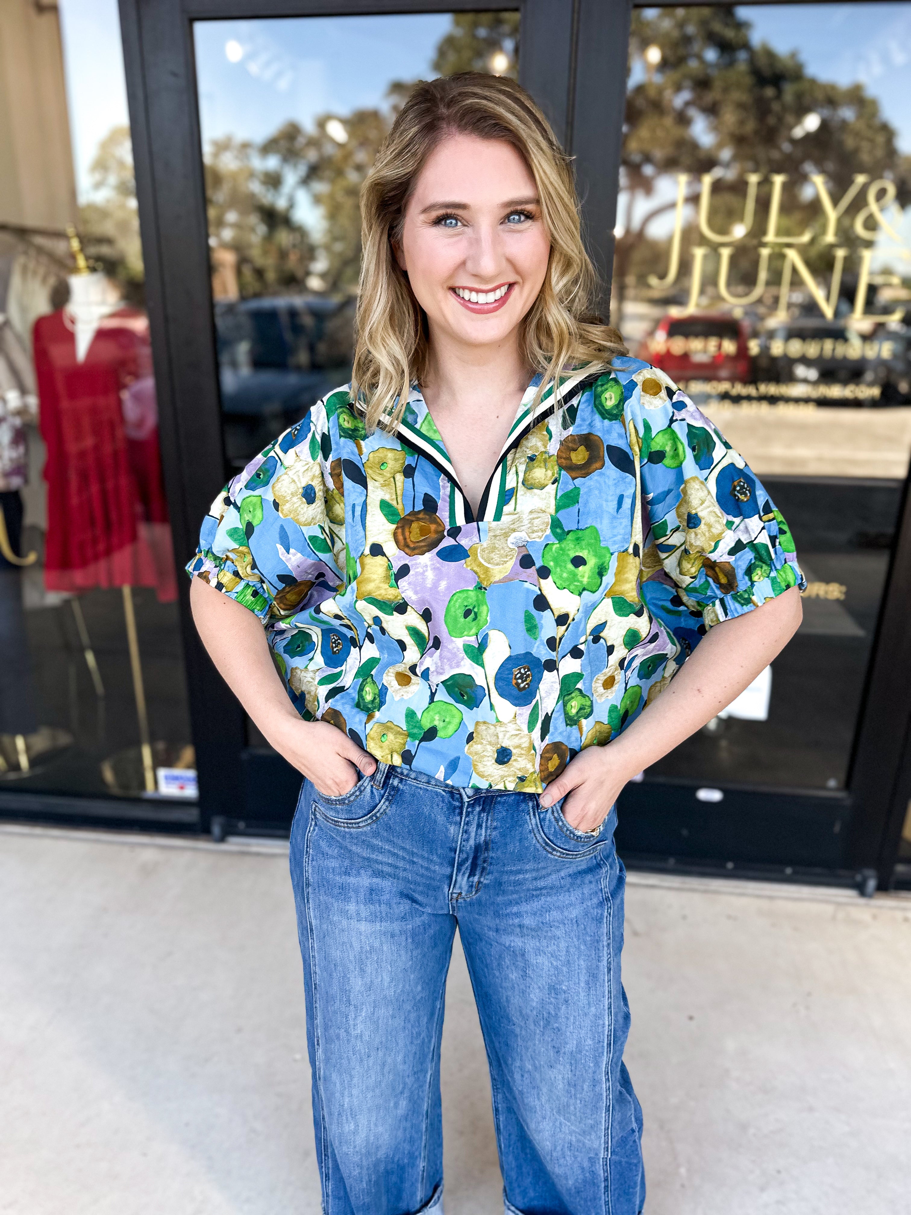 Blue Contrast Detail Blouse-200 Fashion Blouses-ENTRO-July & June Women's Fashion Boutique Located in San Antonio, Texas