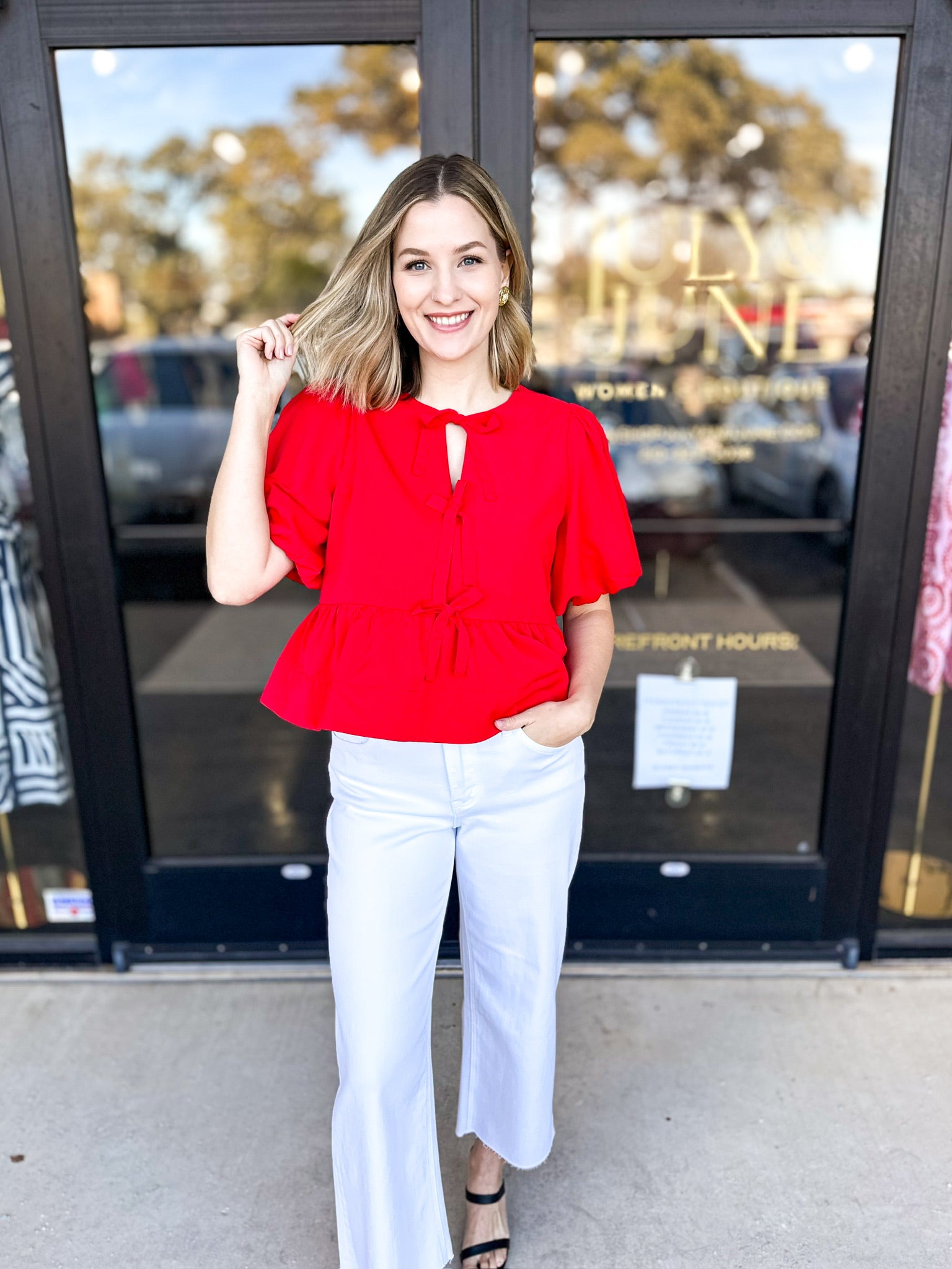 Feminine Bow Blouse - Red-200 Fashion Blouses-ENTRO-July & June Women's Fashion Boutique Located in San Antonio, Texas