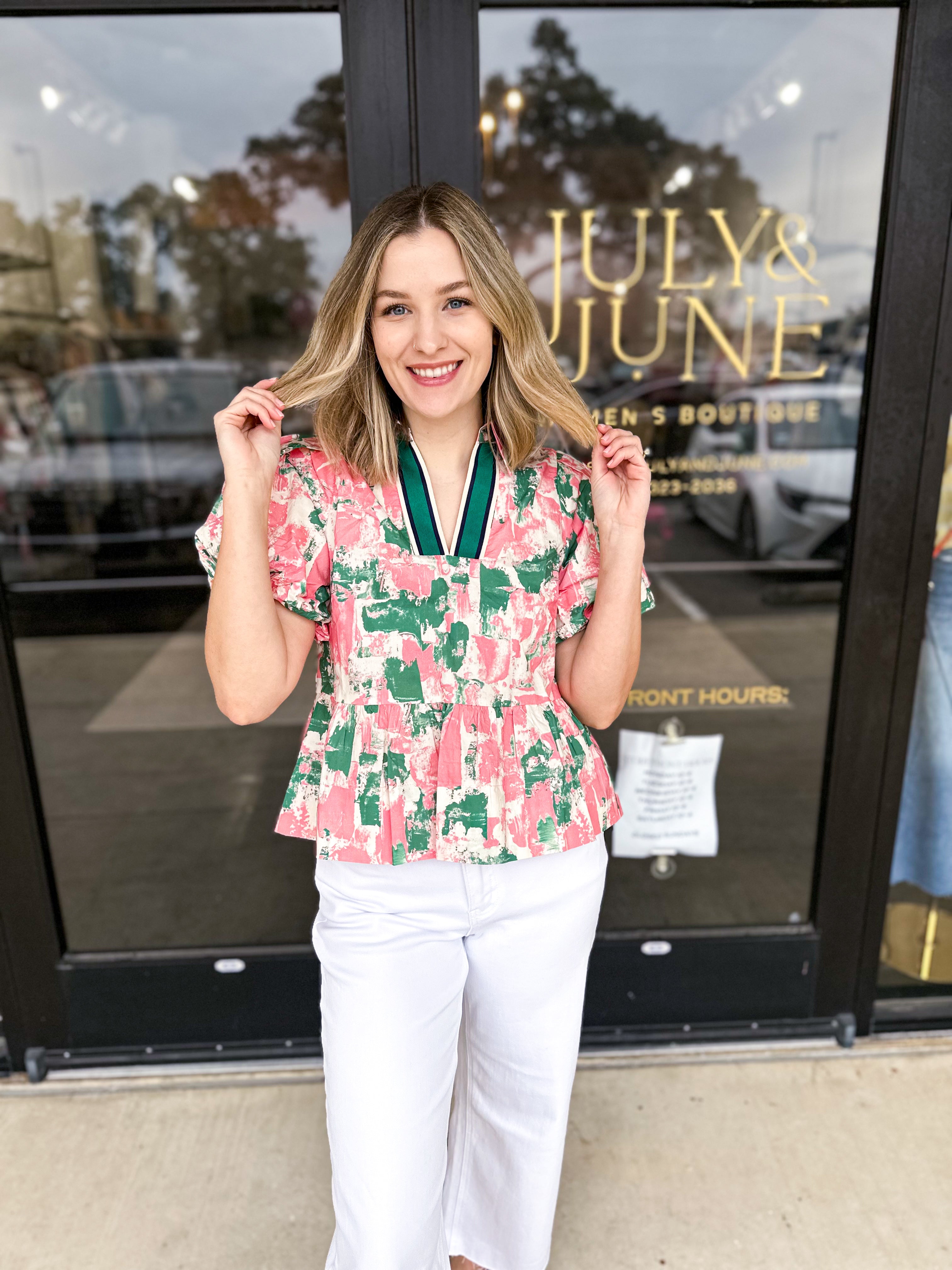 Peplum Chic Blouse - Green Combo-200 Fashion Blouses-ENTRO-July & June Women's Fashion Boutique Located in San Antonio, Texas