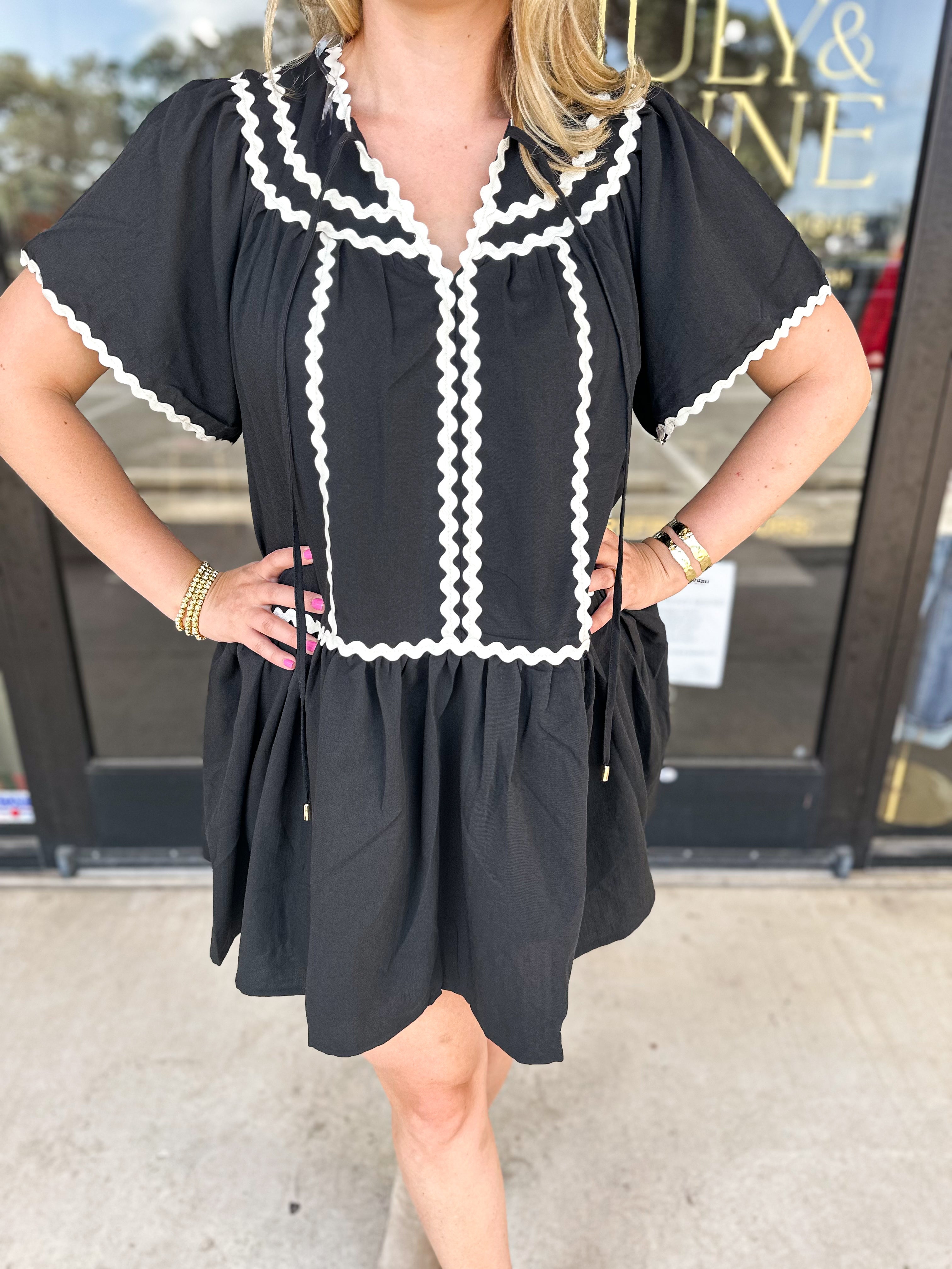 Ric Rac Mini Dress - Black-510 Mini-ENTRO-July & June Women's Fashion Boutique Located in San Antonio, Texas