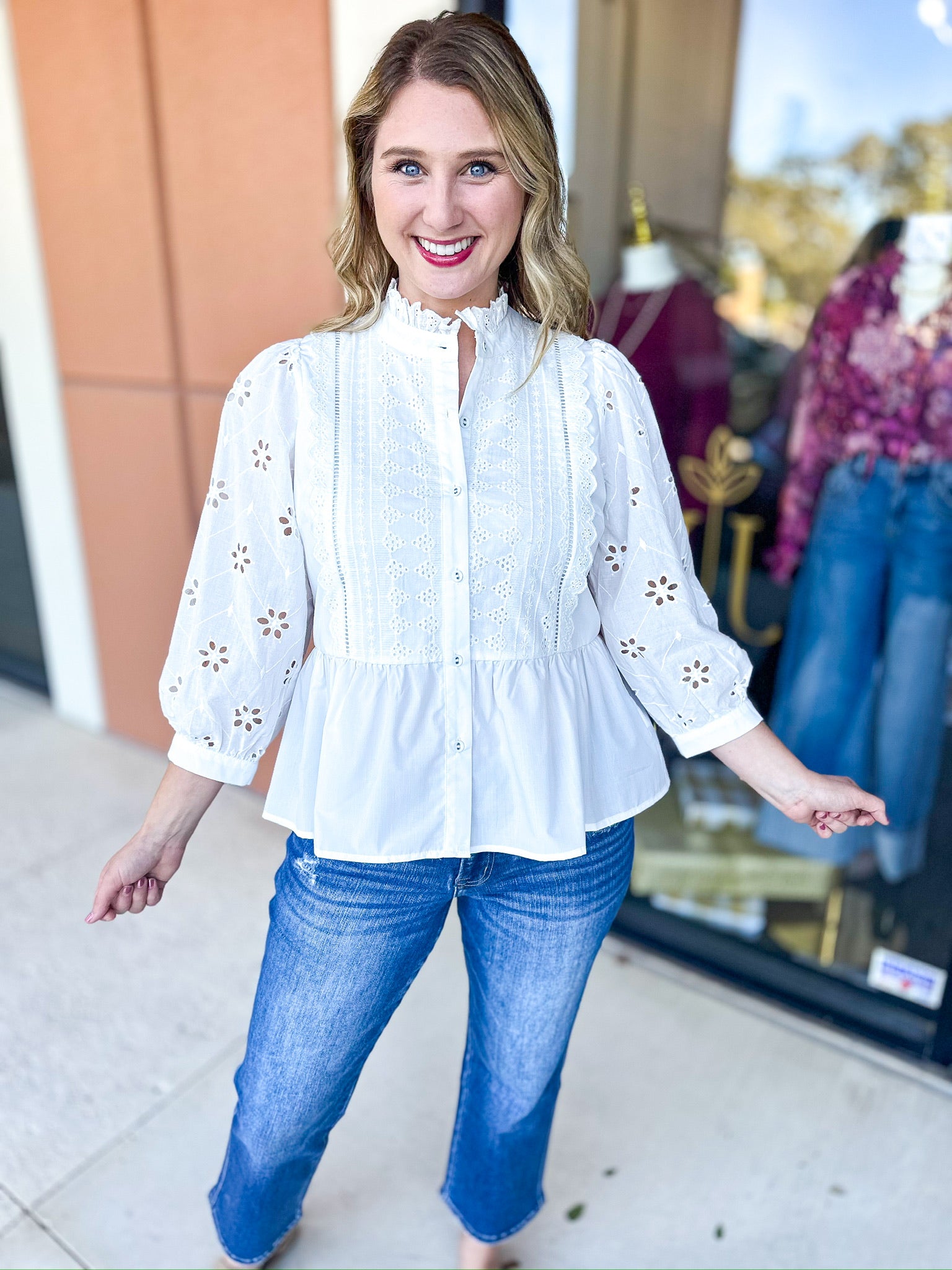 High Neck Lace Detailed Blouse - Ivory-200 Fashion Blouses-ENTRO-July & June Women's Fashion Boutique Located in San Antonio, Texas