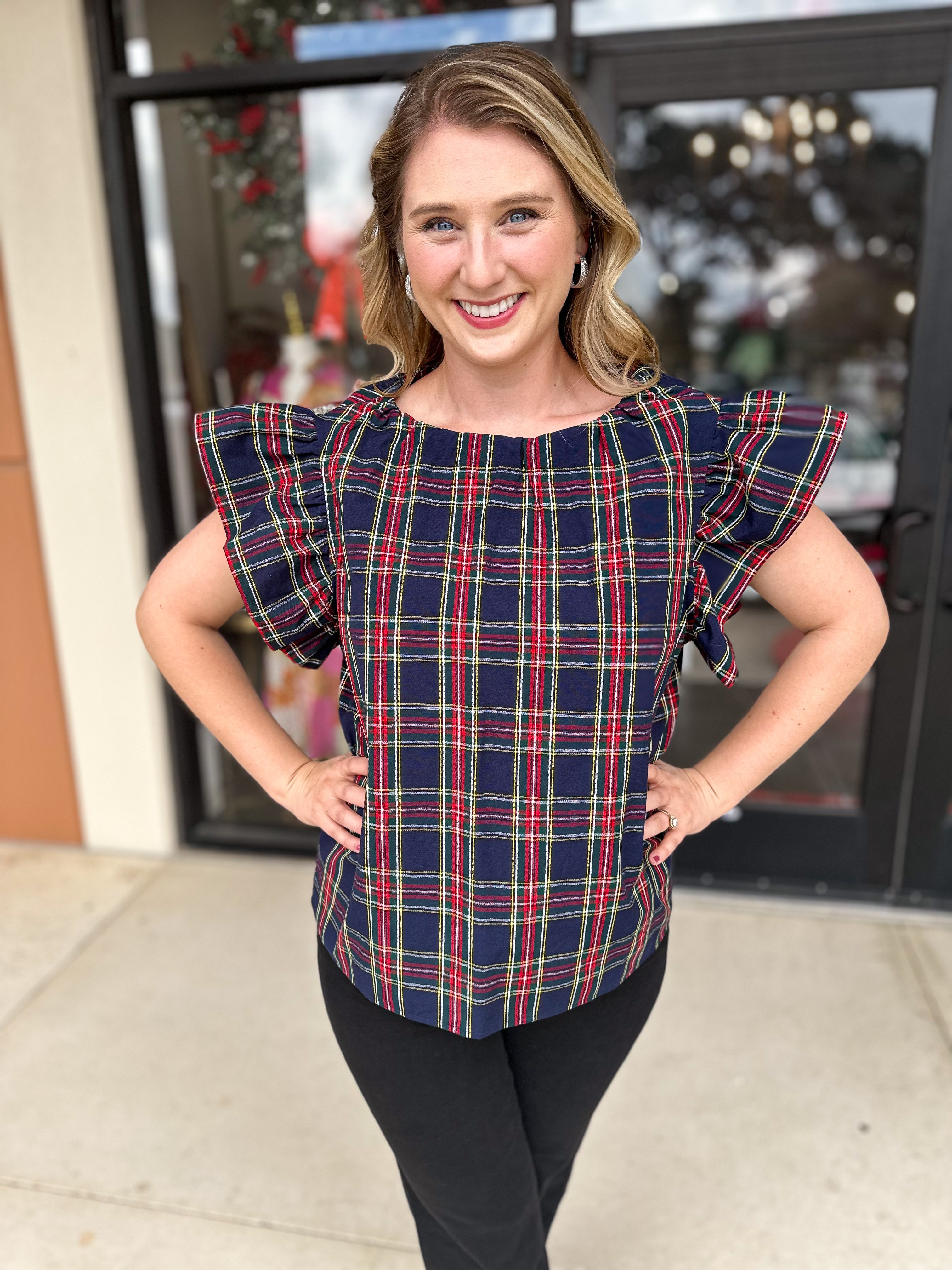 The Blair Ruffle Plaid Blouse - Navy-200 Fashion Blouses-ENTRO-July & June Women's Fashion Boutique Located in San Antonio, Texas