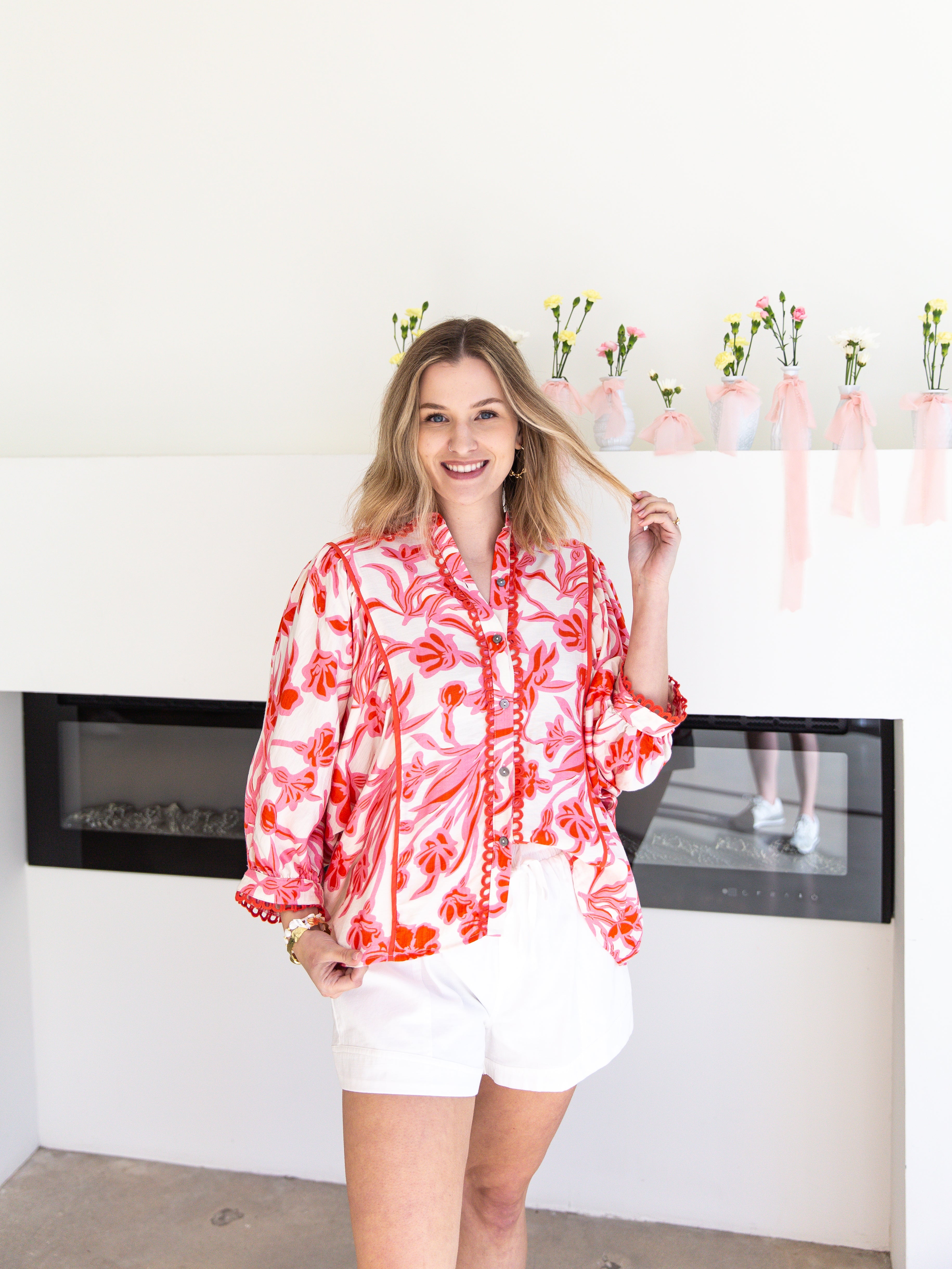 Red & Pink Floral Flowy Blouse-200 Fashion Blouses-ENTRO-July & June Women's Fashion Boutique Located in San Antonio, Texas