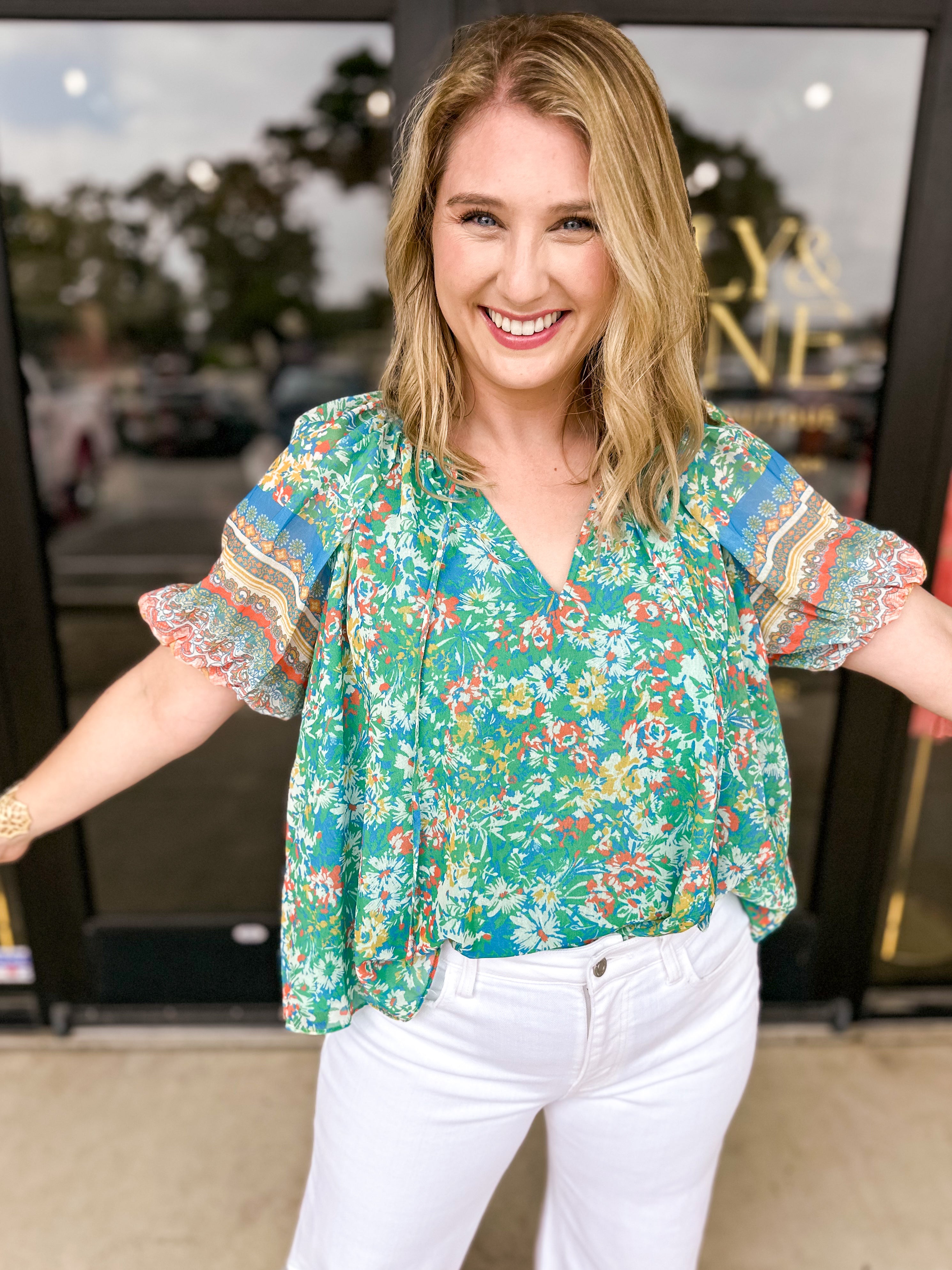 Current Air - Green Garden Floral Blouse-200 Fashion Blouses-CURRENT AIR CLOTHING-July & June Women's Fashion Boutique Located in San Antonio, Texas