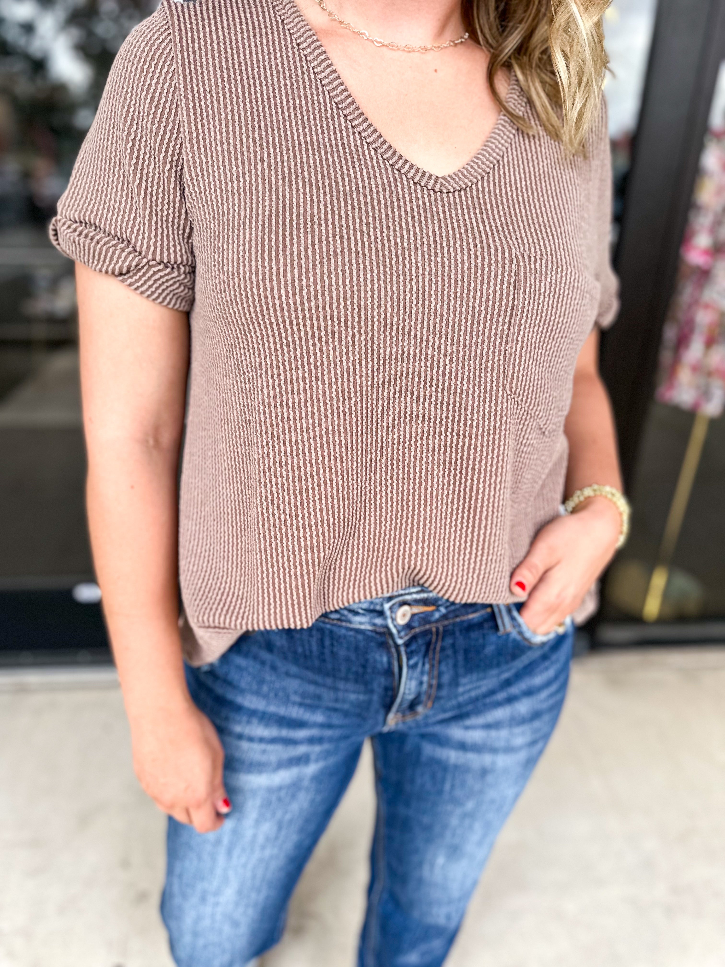 Ribbed V-Neck Tee - Acorn-210 Casual Blouses-ENTRO-July & June Women's Fashion Boutique Located in San Antonio, Texas
