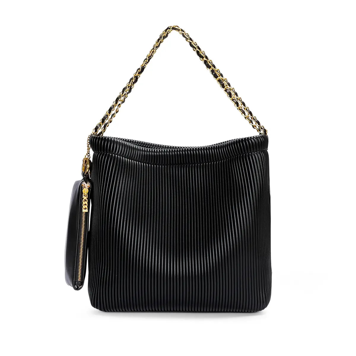 Pixie Mood - Recycled Vegan Chain Shoulder Bag - Black Pleated-130 Accessories-PIXIE MOOD-July & June Women's Fashion Boutique Located in San Antonio, Texas