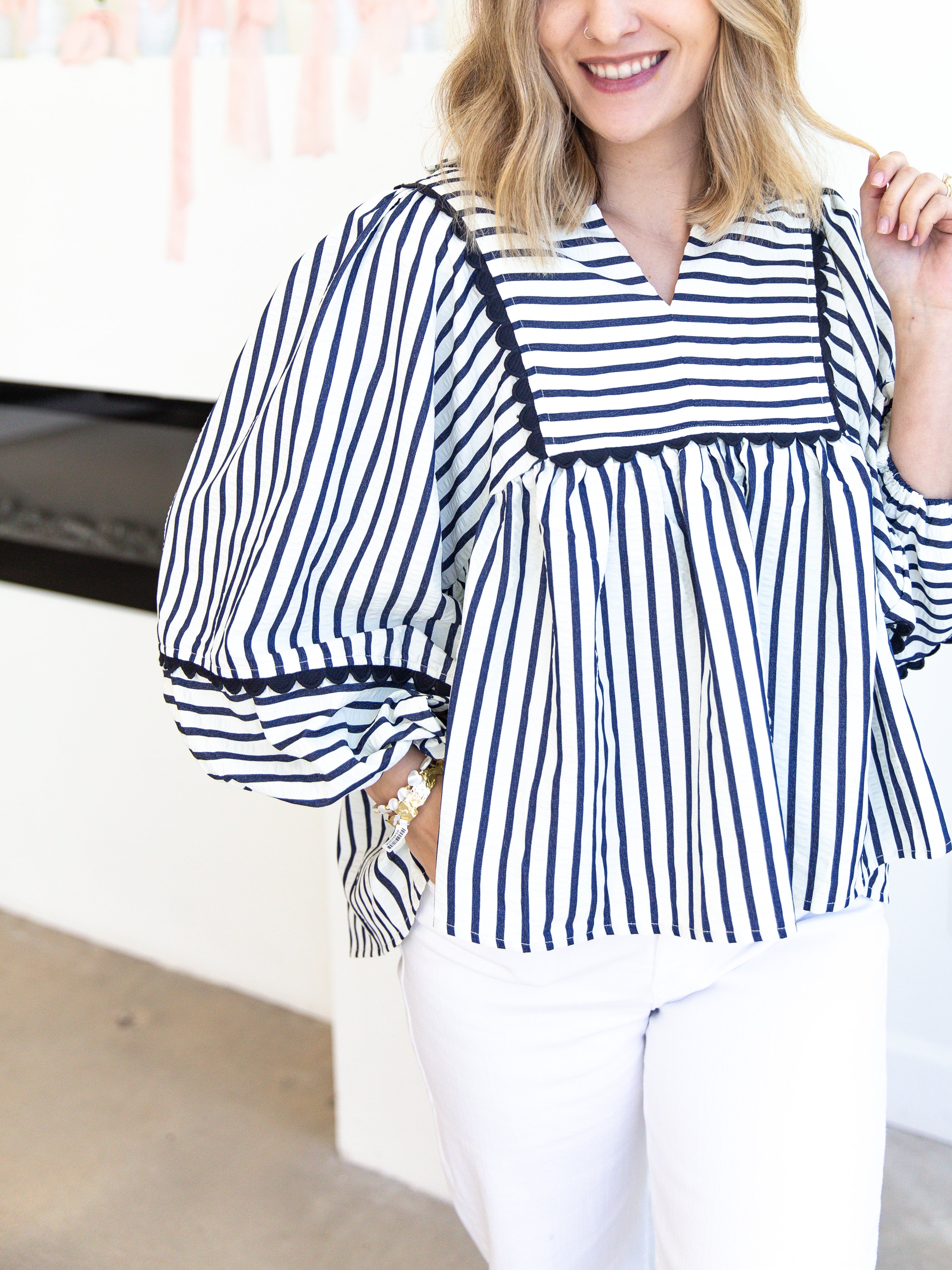 Navy Peasant Blouse-200 Fashion Blouses-ENTRO-July & June Women's Fashion Boutique Located in San Antonio, Texas