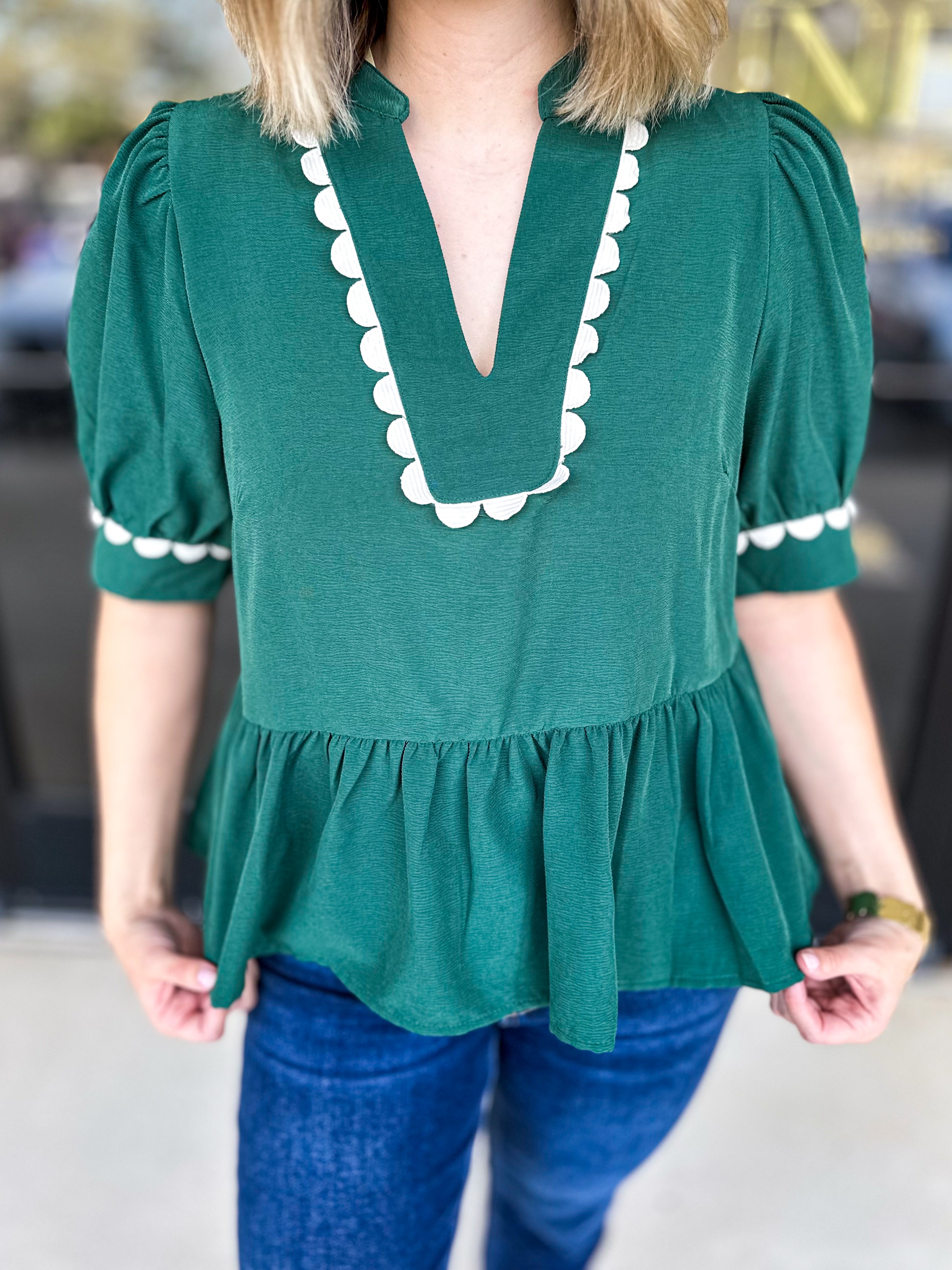 Ric Rac Blouse-Hunter Green-PINK FRIDAY DOORBUSTER-ONLINE-PINK FRIDAY DOORBUSTERS-ENTRO-July & June Women's Fashion Boutique Located in San Antonio, Texas