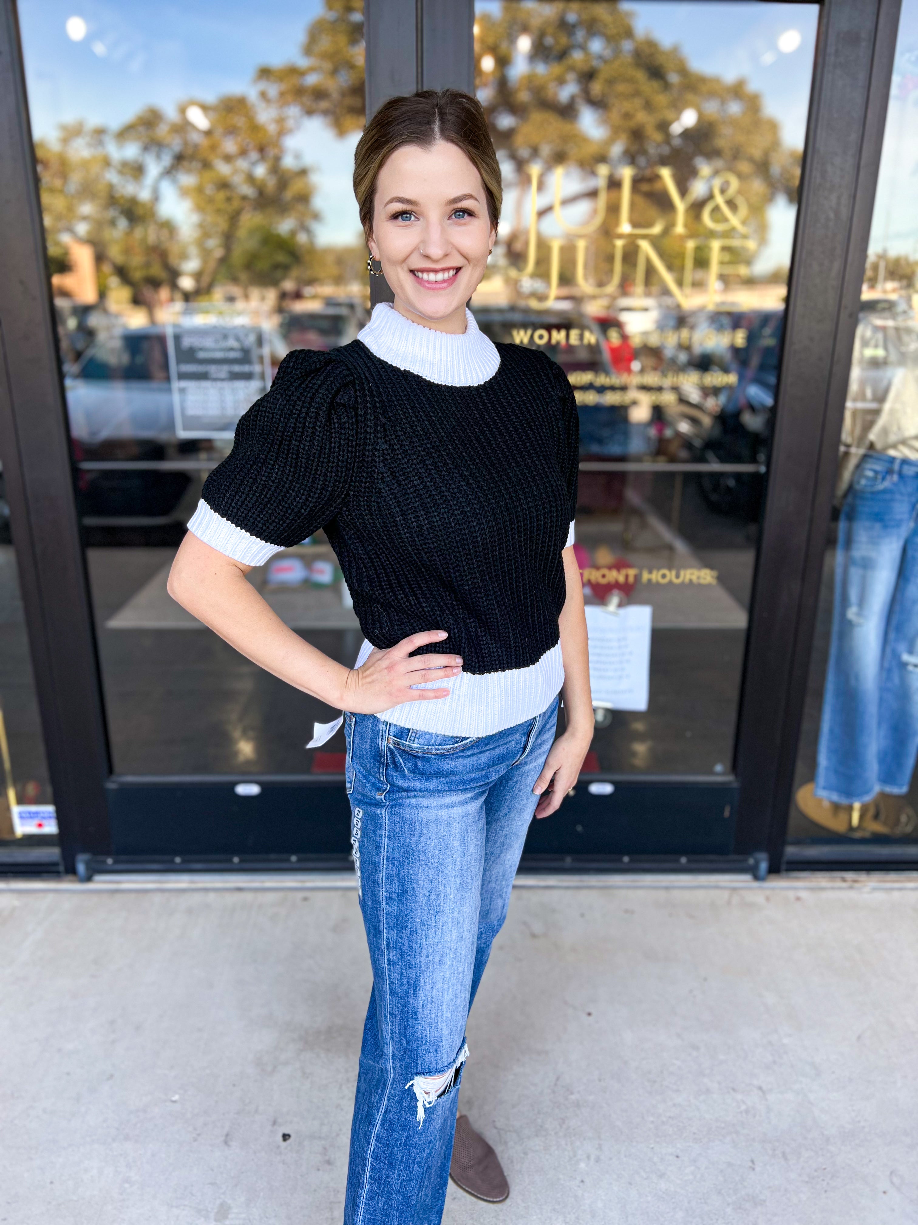 Black & White Short Sleeve Knit-230 Sweaters/Cardis-SUGARLIPS-July & June Women's Fashion Boutique Located in San Antonio, Texas