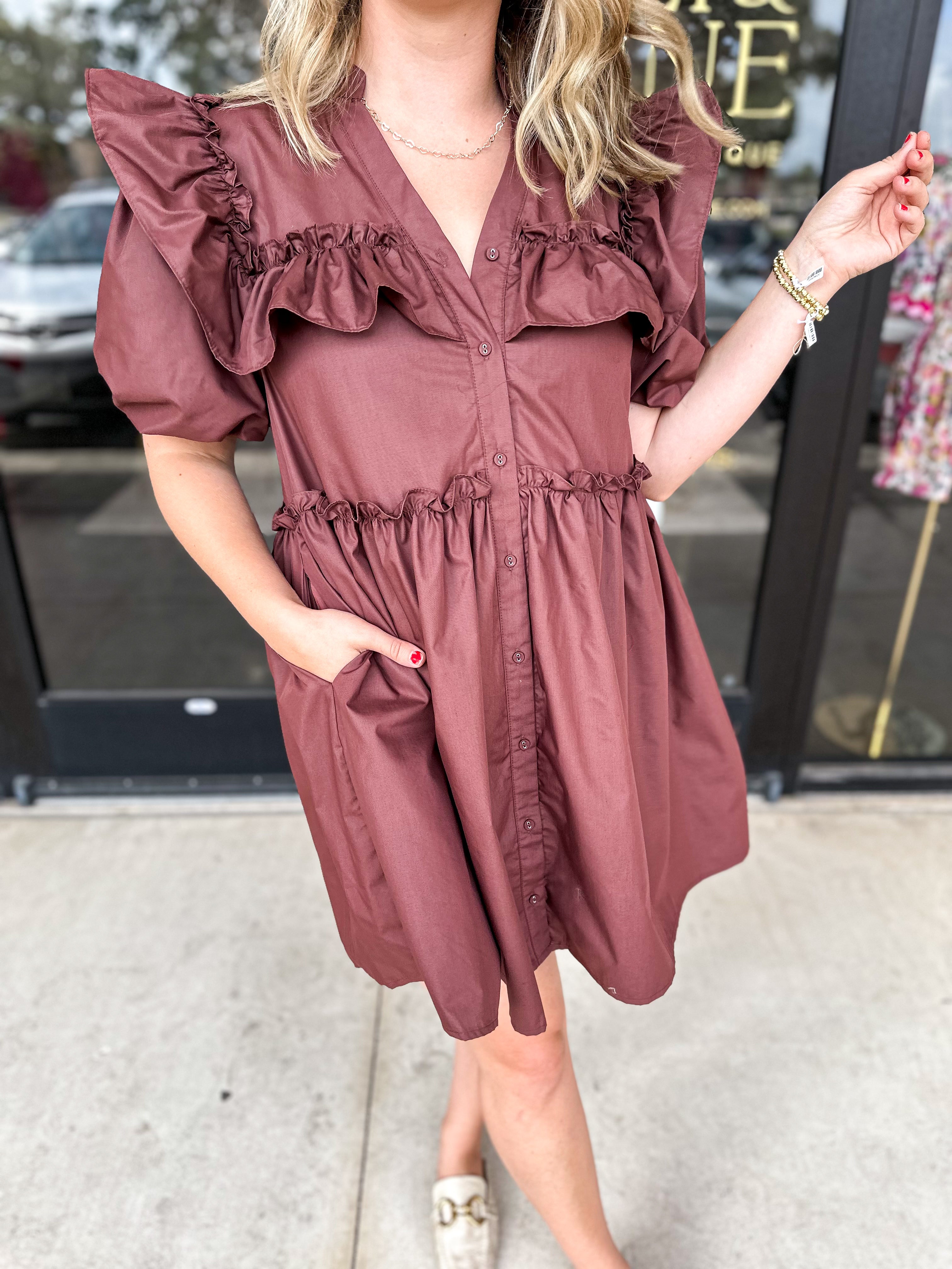 Chocolate Ruffle Mini Dress-510 Mini-ENTRO-July & June Women's Fashion Boutique Located in San Antonio, Texas