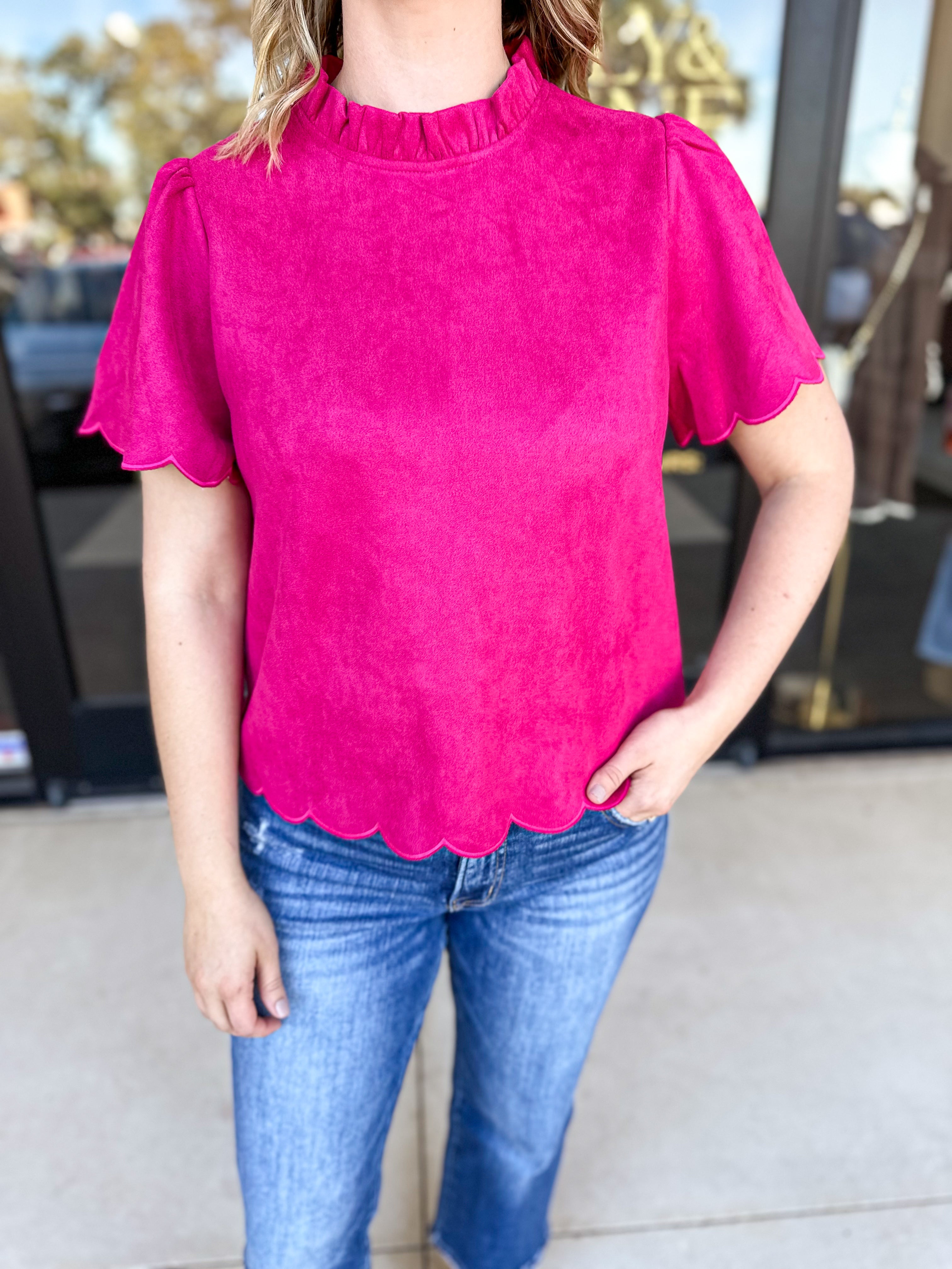 THML - Hot Pink Scalloped Blouse-200 Fashion Blouses-THML-July & June Women's Fashion Boutique Located in San Antonio, Texas