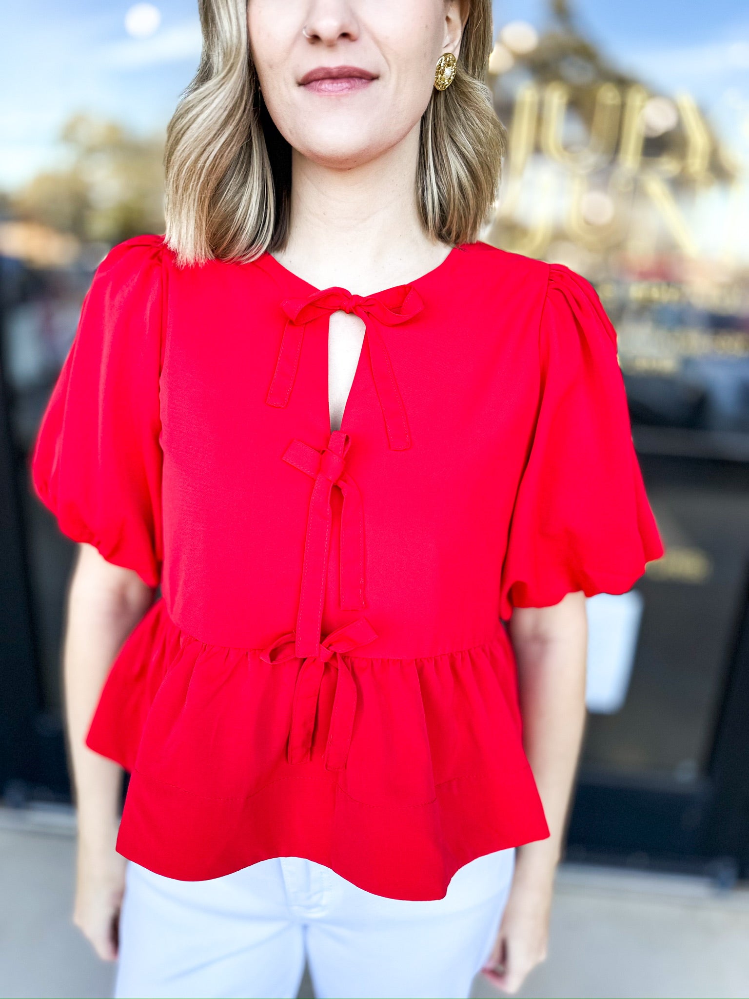 Feminine Bow Blouse - Red-200 Fashion Blouses-ENTRO-July & June Women's Fashion Boutique Located in San Antonio, Texas