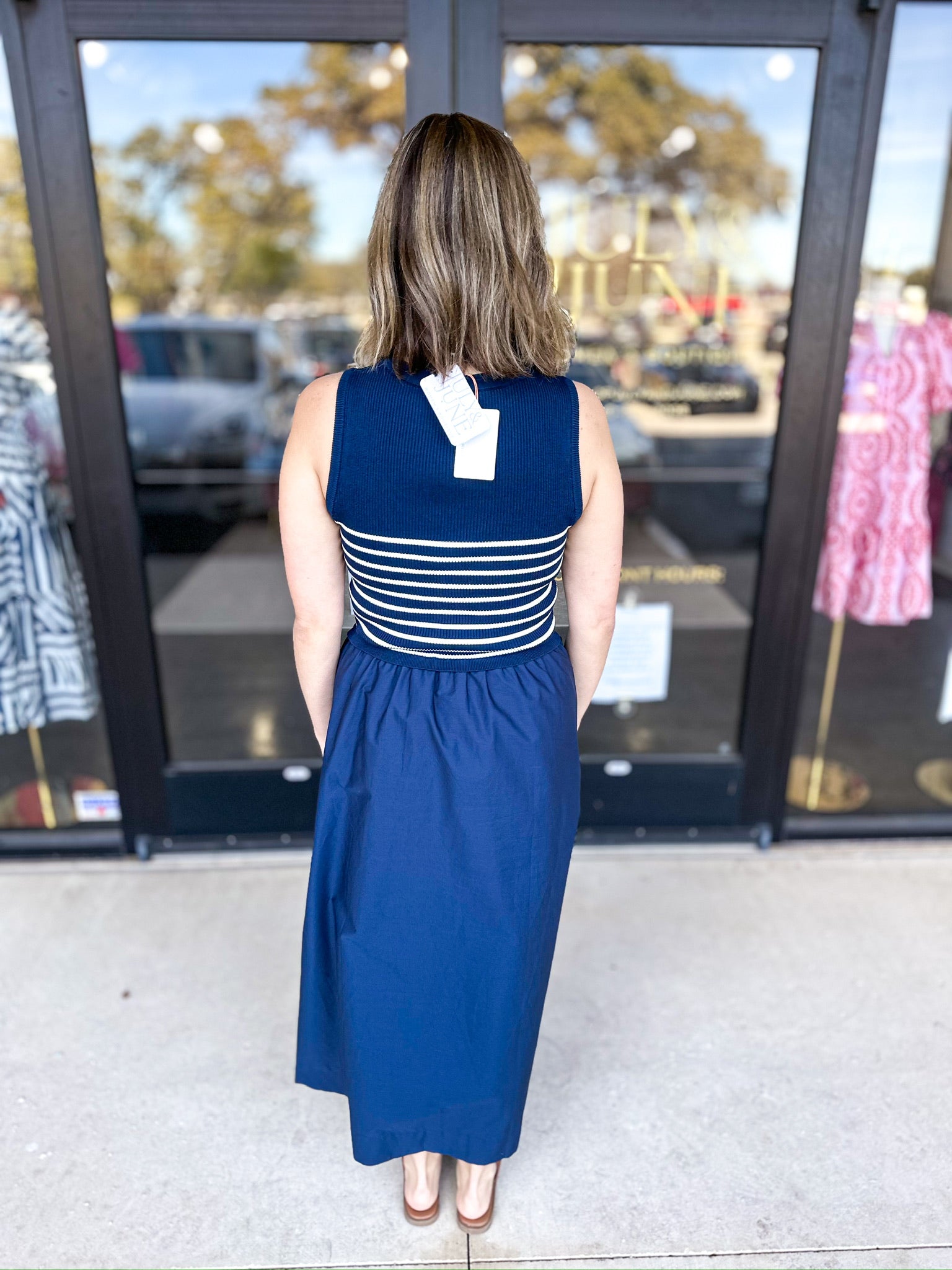 The Delilah Dress - Navy & Ivory-500 Midi-SKIES ARE BLUE-July & June Women's Fashion Boutique Located in San Antonio, Texas