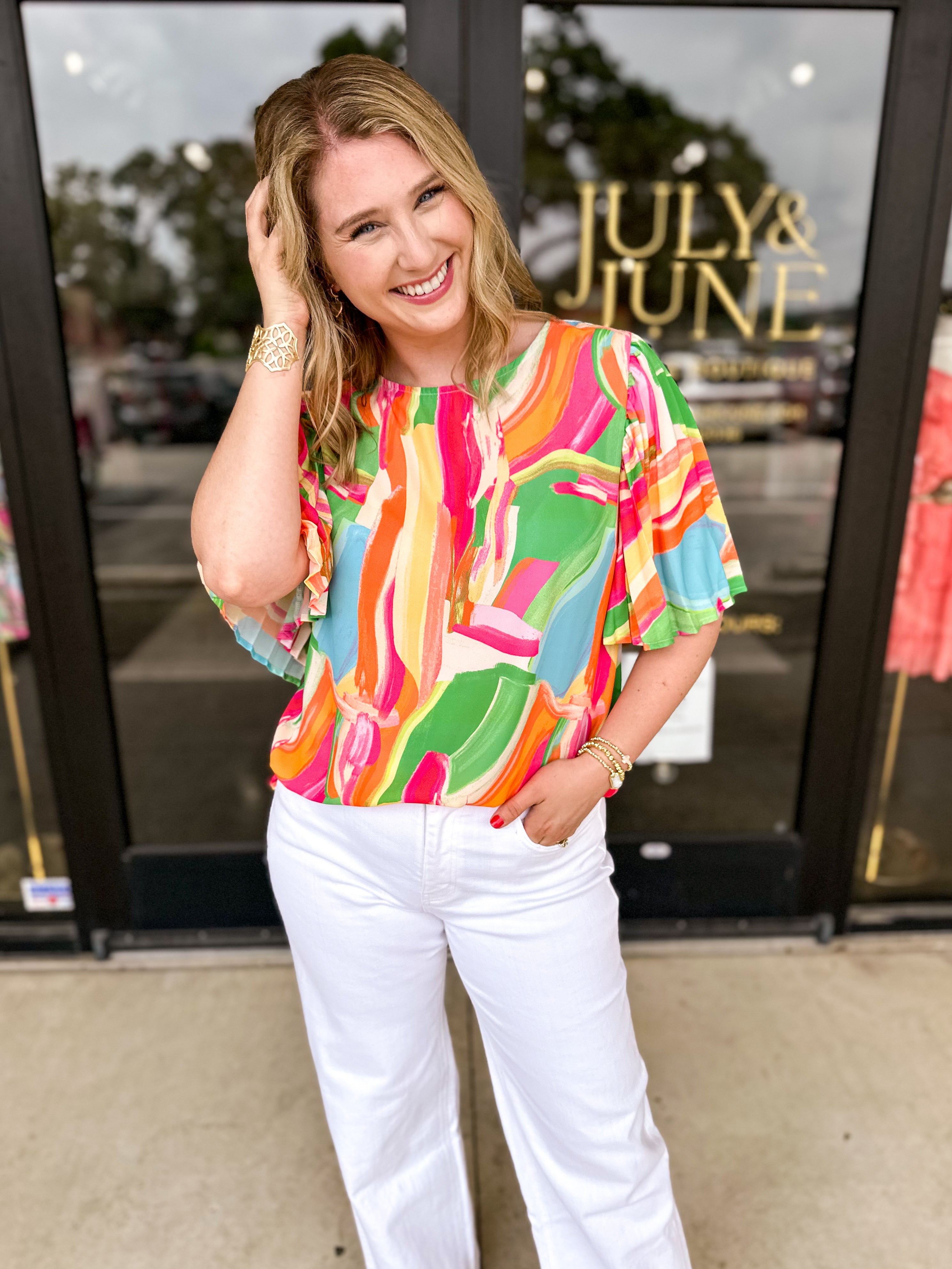 Bold Watercolor Blouse-200 Fashion Blouses-FLYING TOMATO-July & June Women's Fashion Boutique Located in San Antonio, Texas