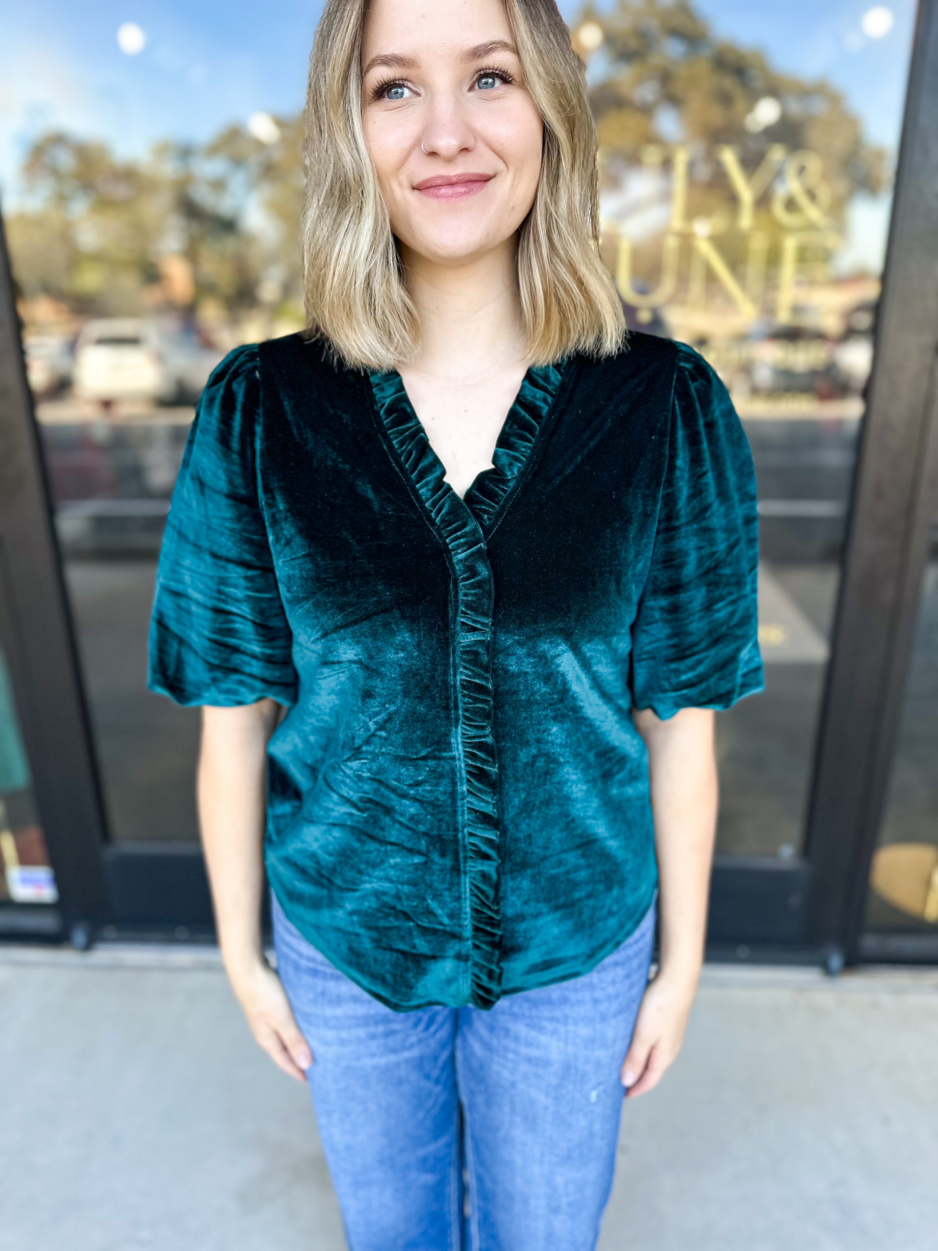 THML- Dark Teal Velvet Ruffle Blouse-200 Fashion Blouses-THML-July & June Women's Fashion Boutique Located in San Antonio, Texas