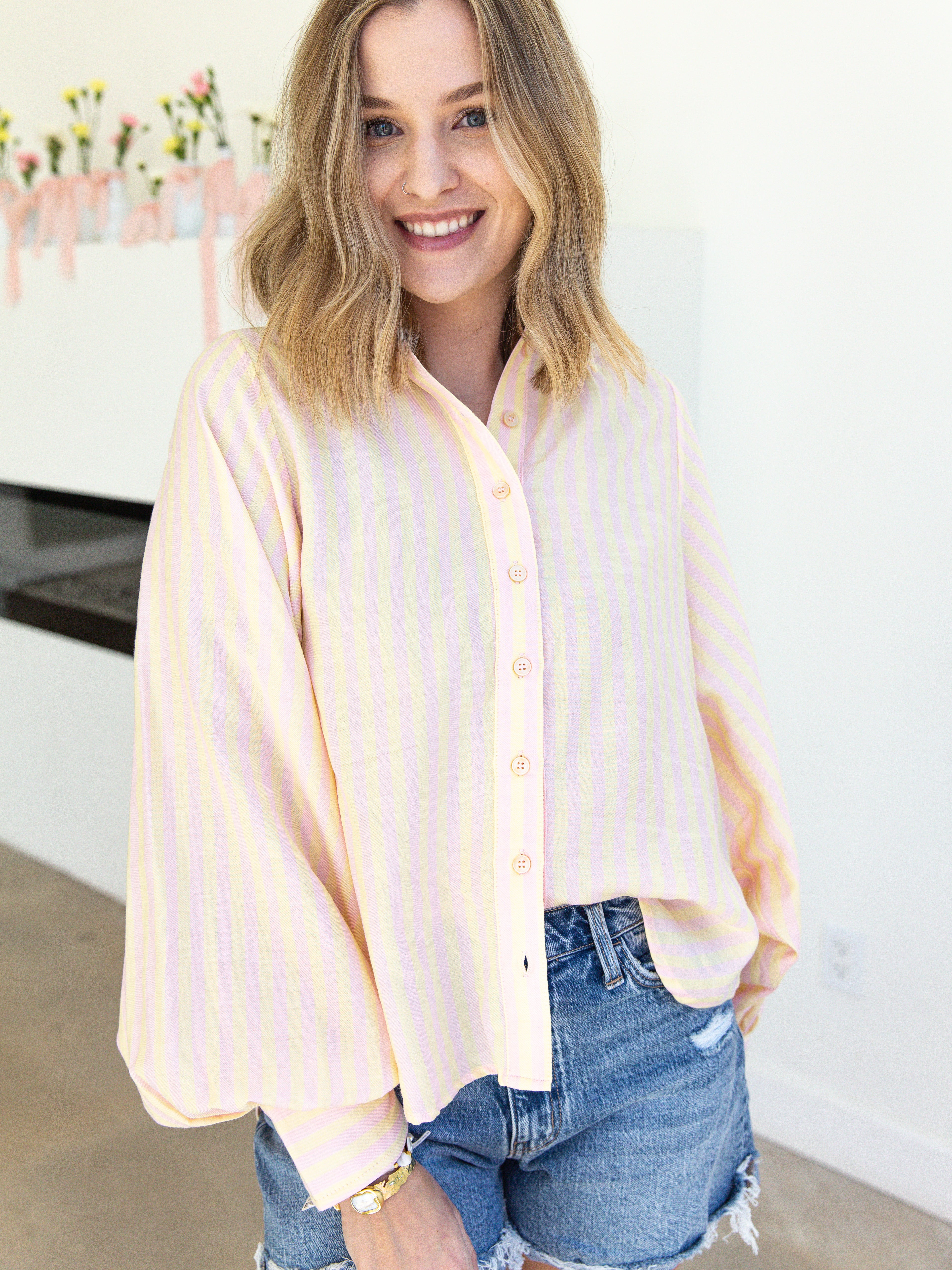 Pastel Stripe Button Down - Yellow Combo-200 Fashion Blouses-&MERCI-July & June Women's Fashion Boutique Located in San Antonio, Texas