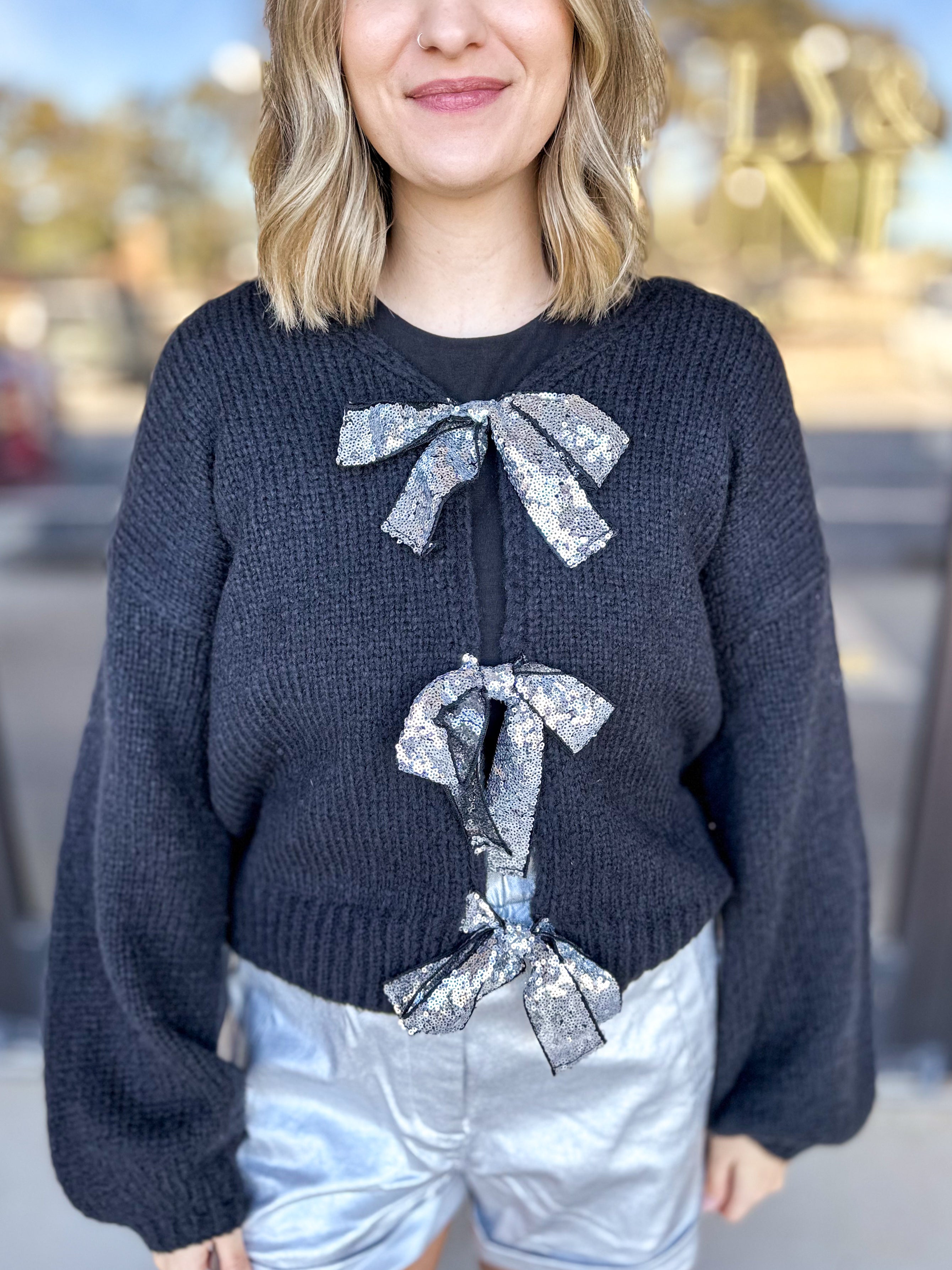 Chrome Bow Sweater-230 Sweaters/Cardis-ENTRO-July & June Women's Fashion Boutique Located in San Antonio, Texas