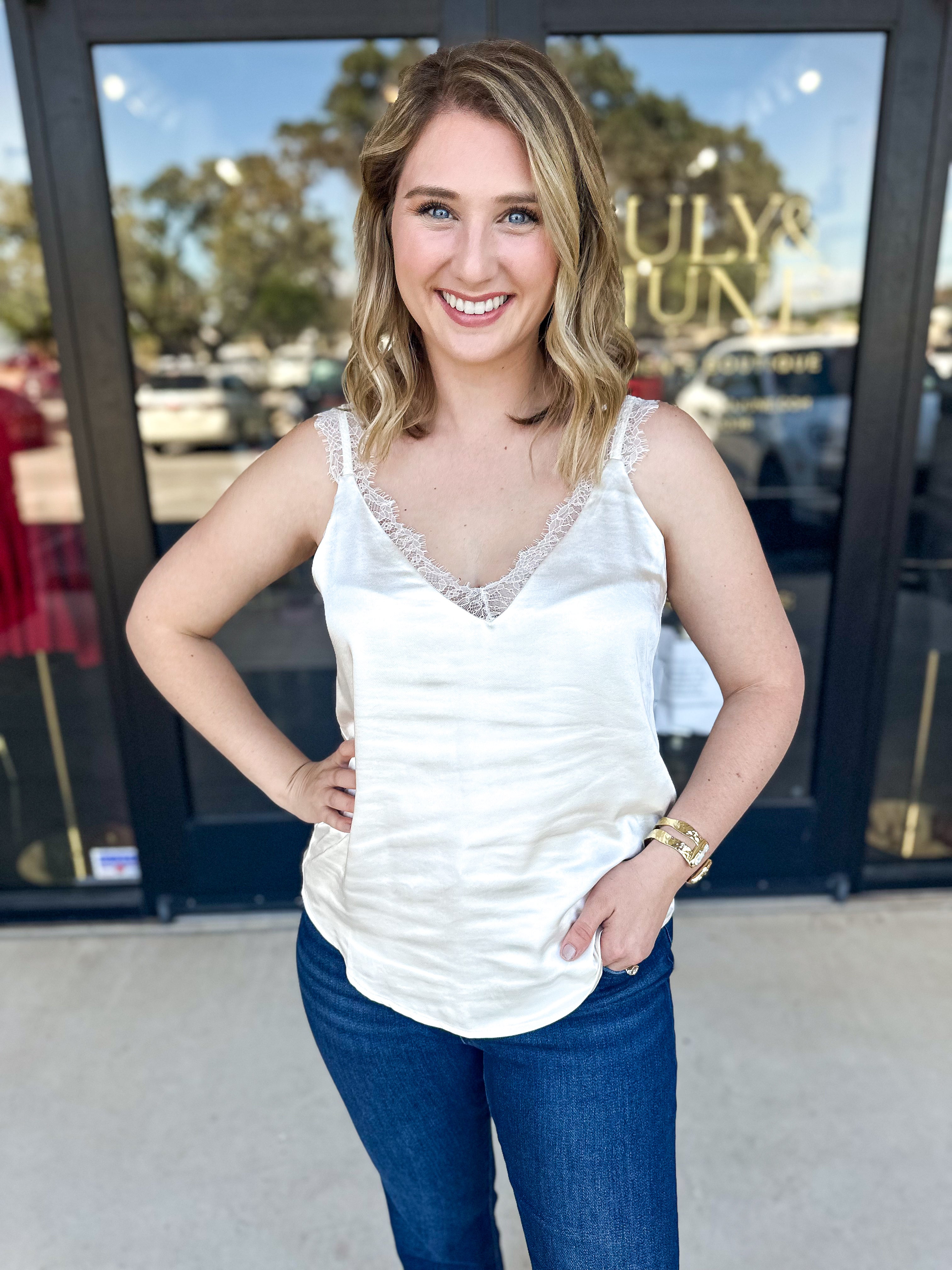 Elegance Lace Cami - Cream-200 Fashion Blouses-SKIES ARE BLUE-July & June Women's Fashion Boutique Located in San Antonio, Texas