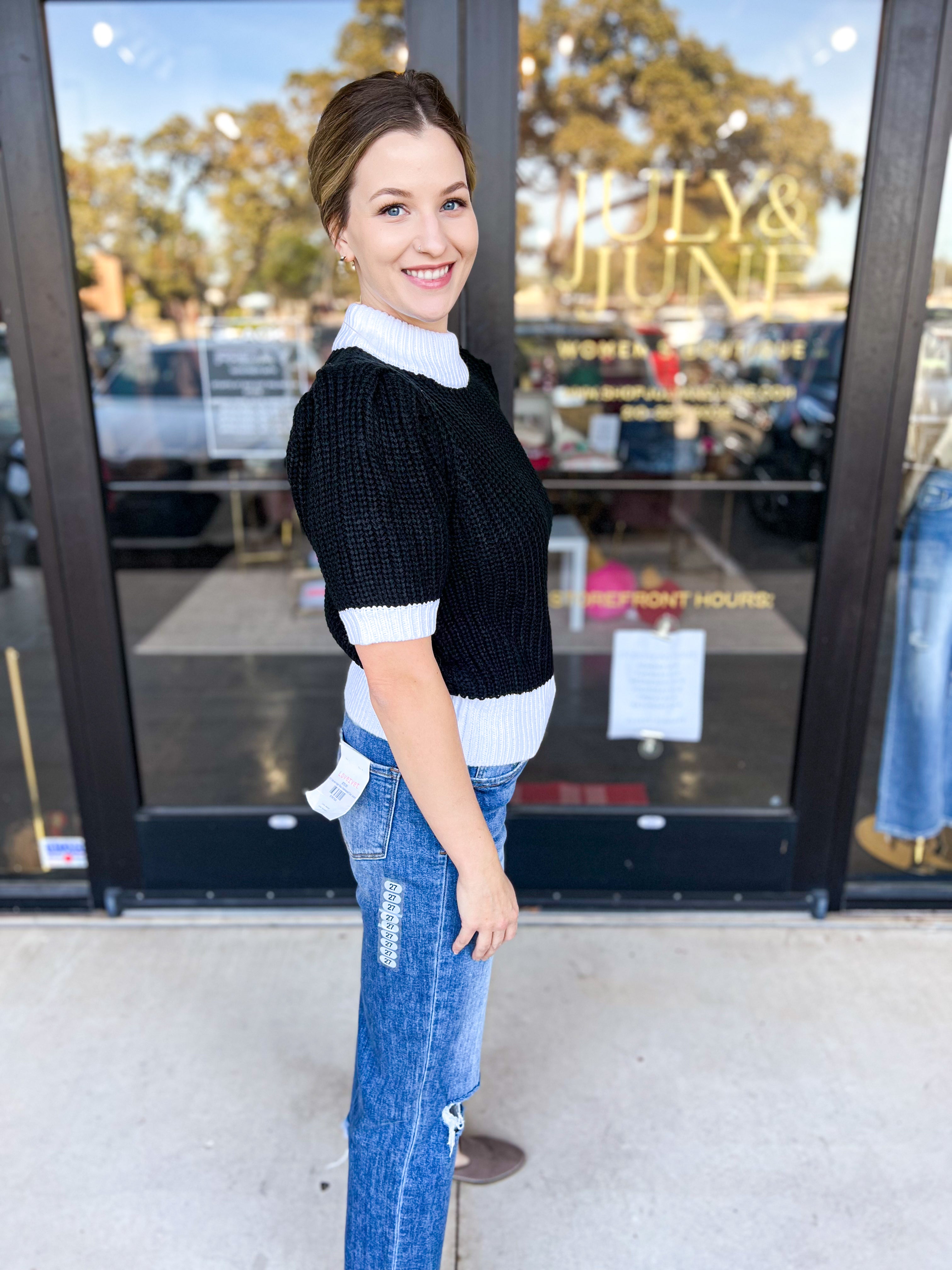 Black & White Short Sleeve Knit-230 Sweaters/Cardis-SUGARLIPS-July & June Women's Fashion Boutique Located in San Antonio, Texas