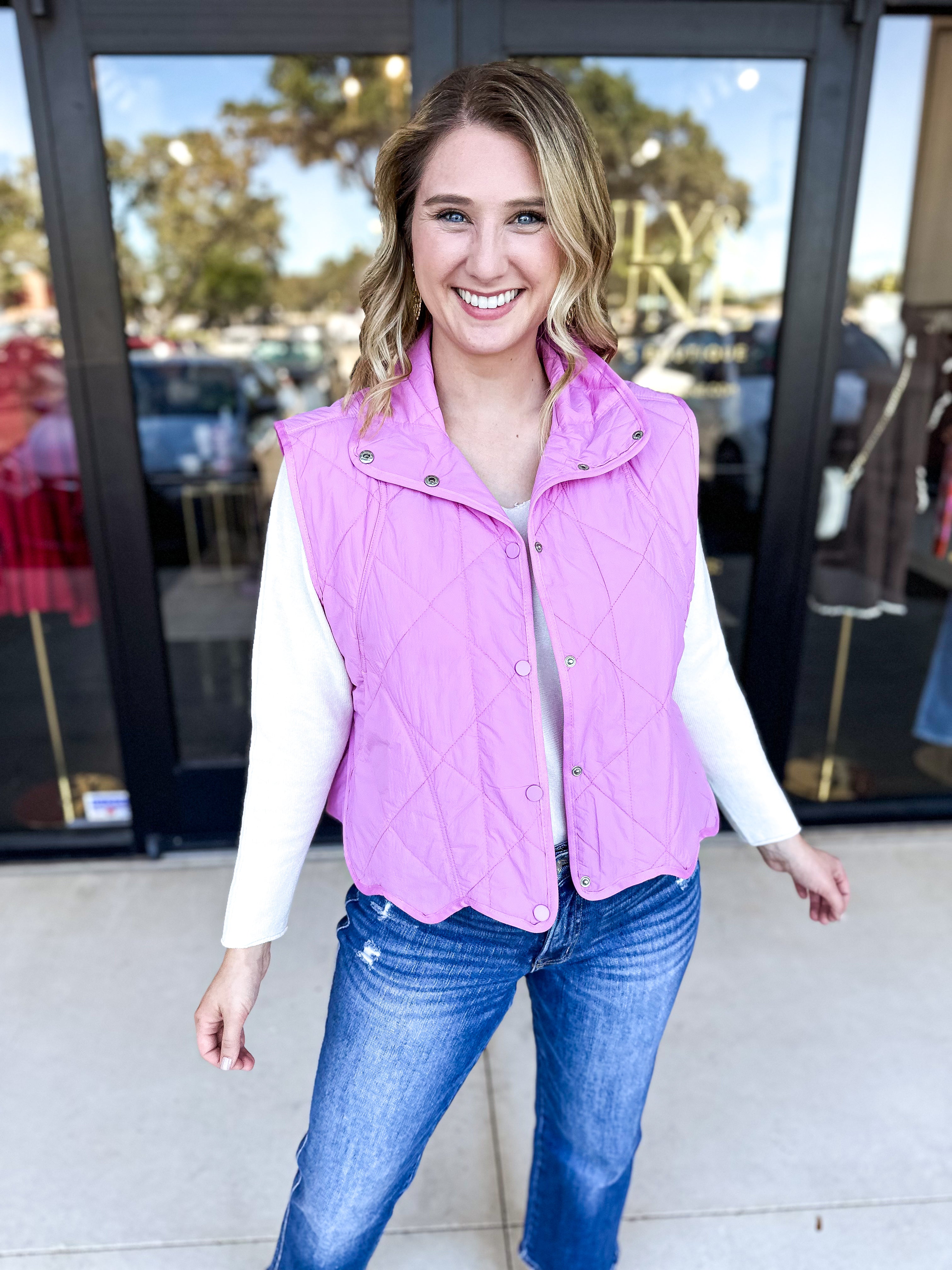 Scalloped Puffer Vest - Pink-600 Outerwear-ENTRO-July & June Women's Fashion Boutique Located in San Antonio, Texas