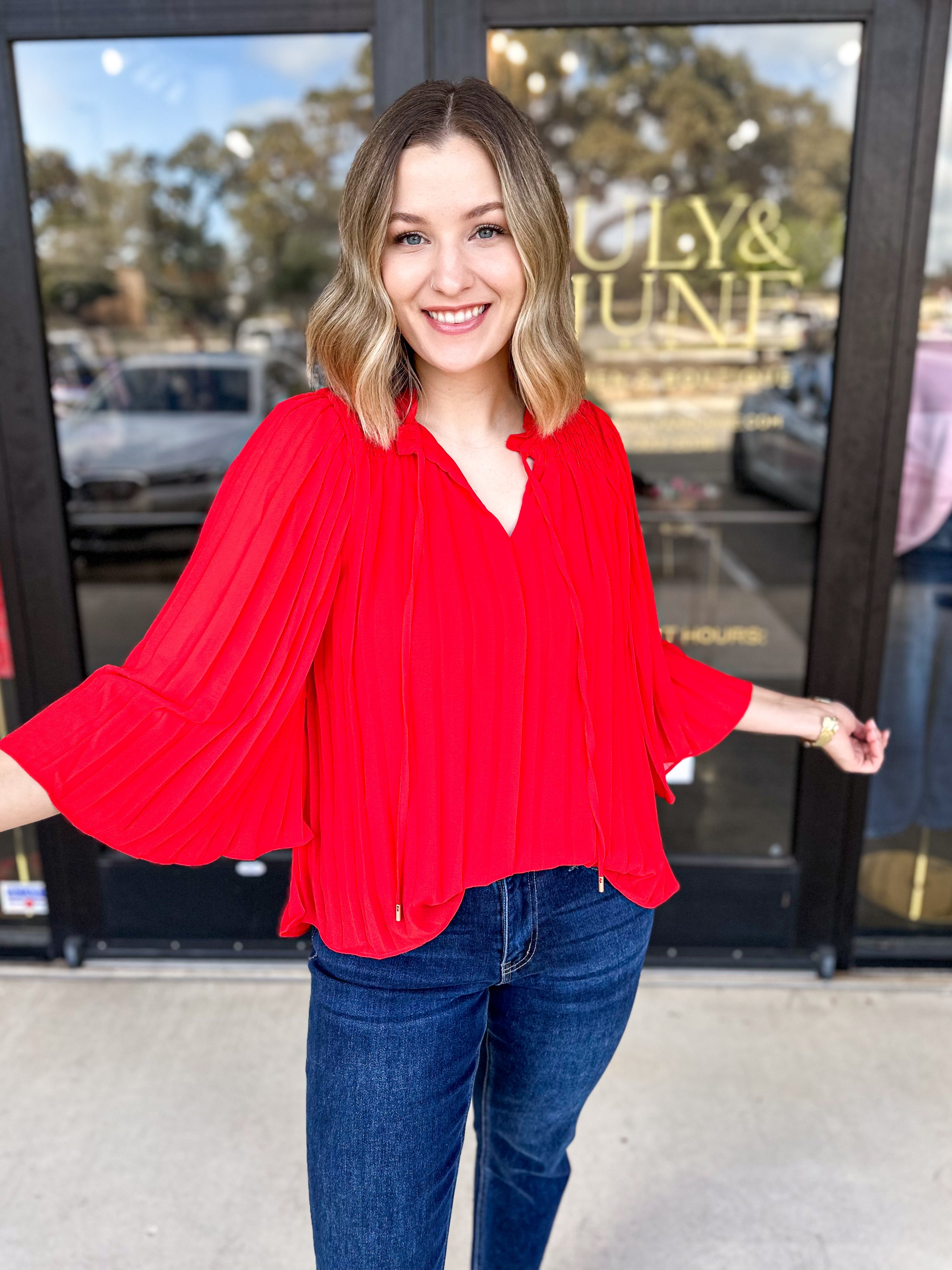 Pleated Blouse - Red - PINK FRIDAY DOORBUSTER - ONLINE-PINK FRIDAY DOORBUSTERS-SKIES ARE BLUE-July & June Women's Fashion Boutique Located in San Antonio, Texas