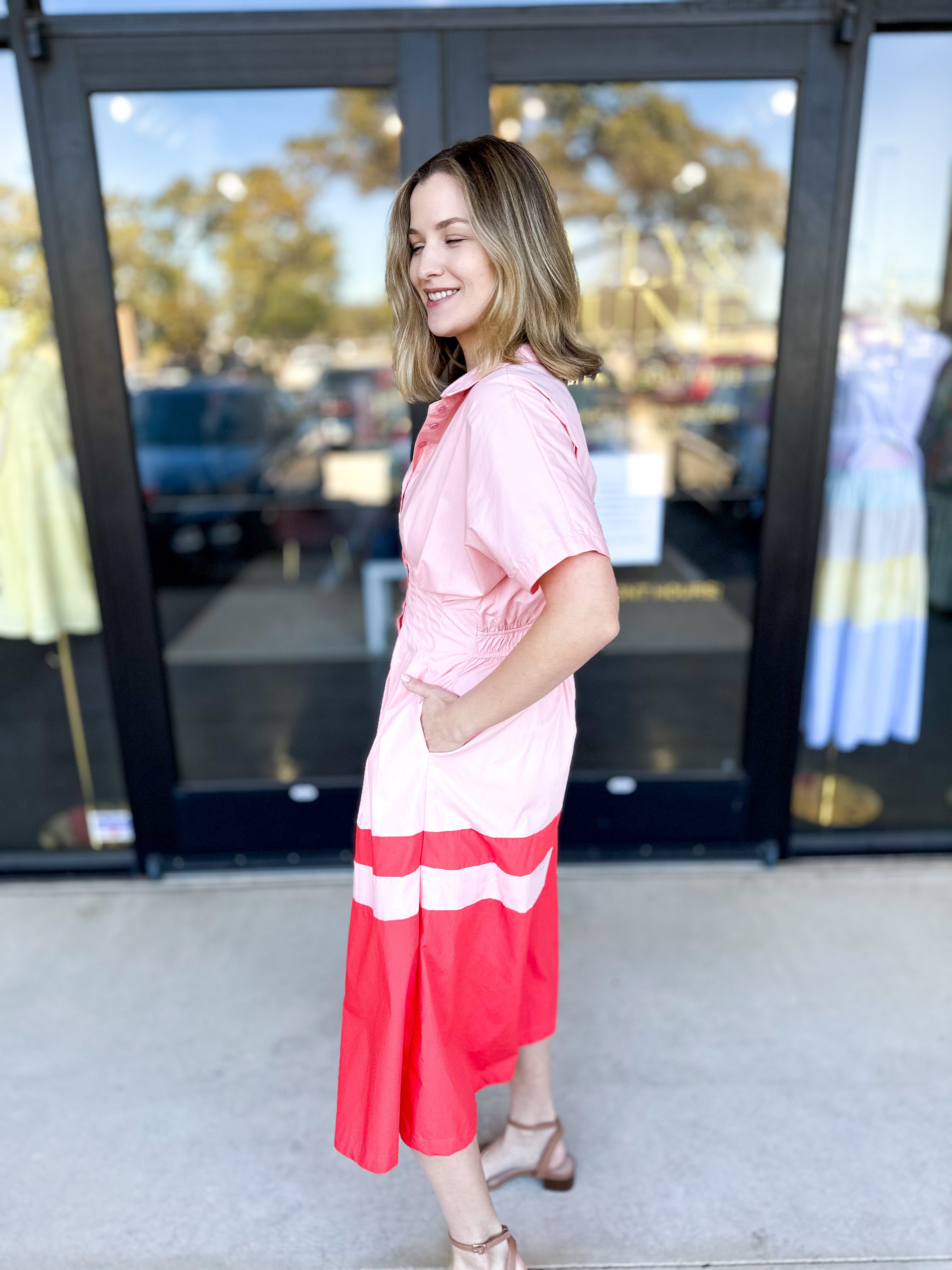 Pink & Red Contrast Midi Dress-500 Midi-&MERCI-July & June Women's Fashion Boutique Located in San Antonio, Texas