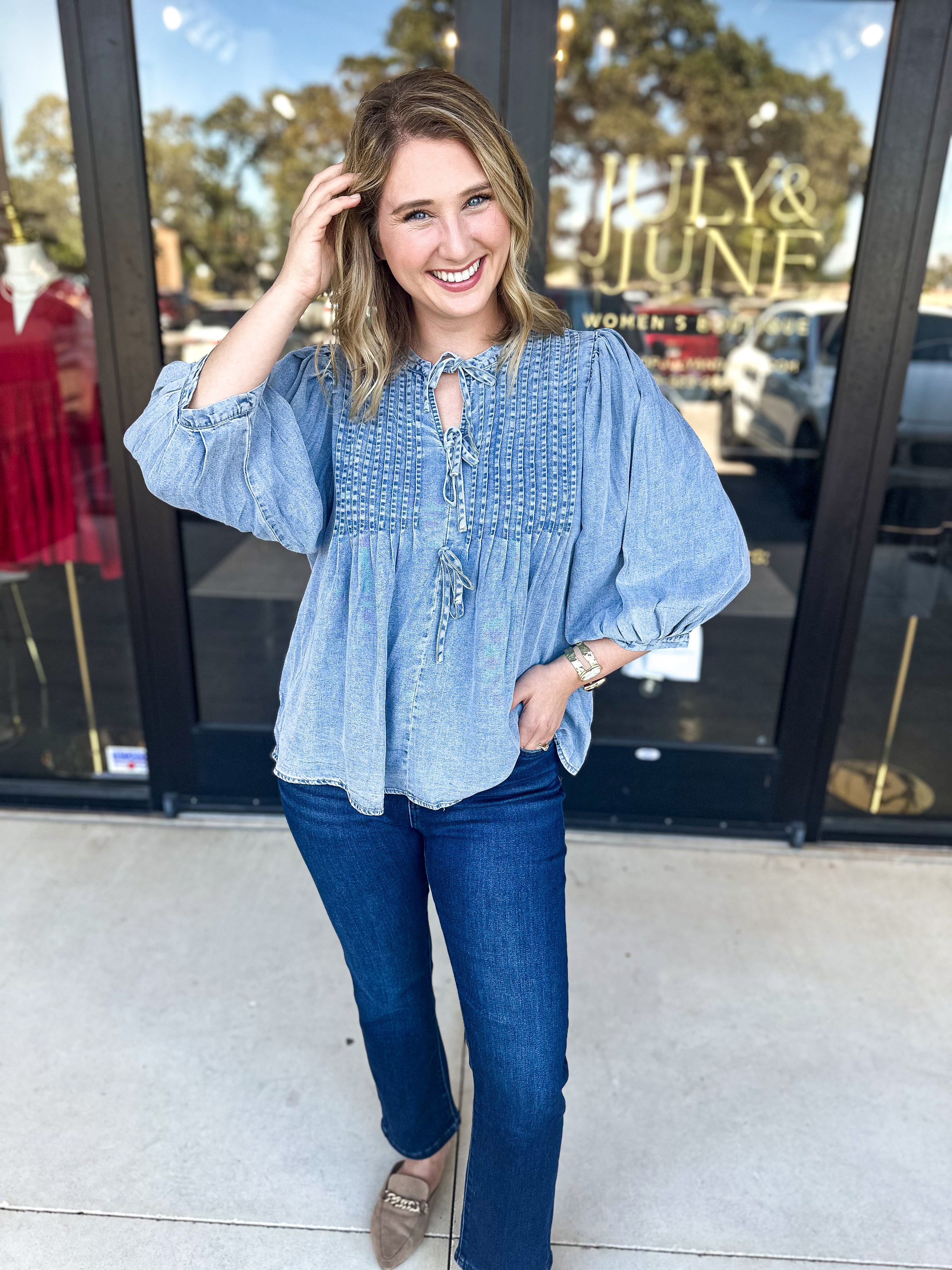 Denim Bow Blouse-200 Fashion Blouses-ENTRO-July & June Women's Fashion Boutique Located in San Antonio, Texas