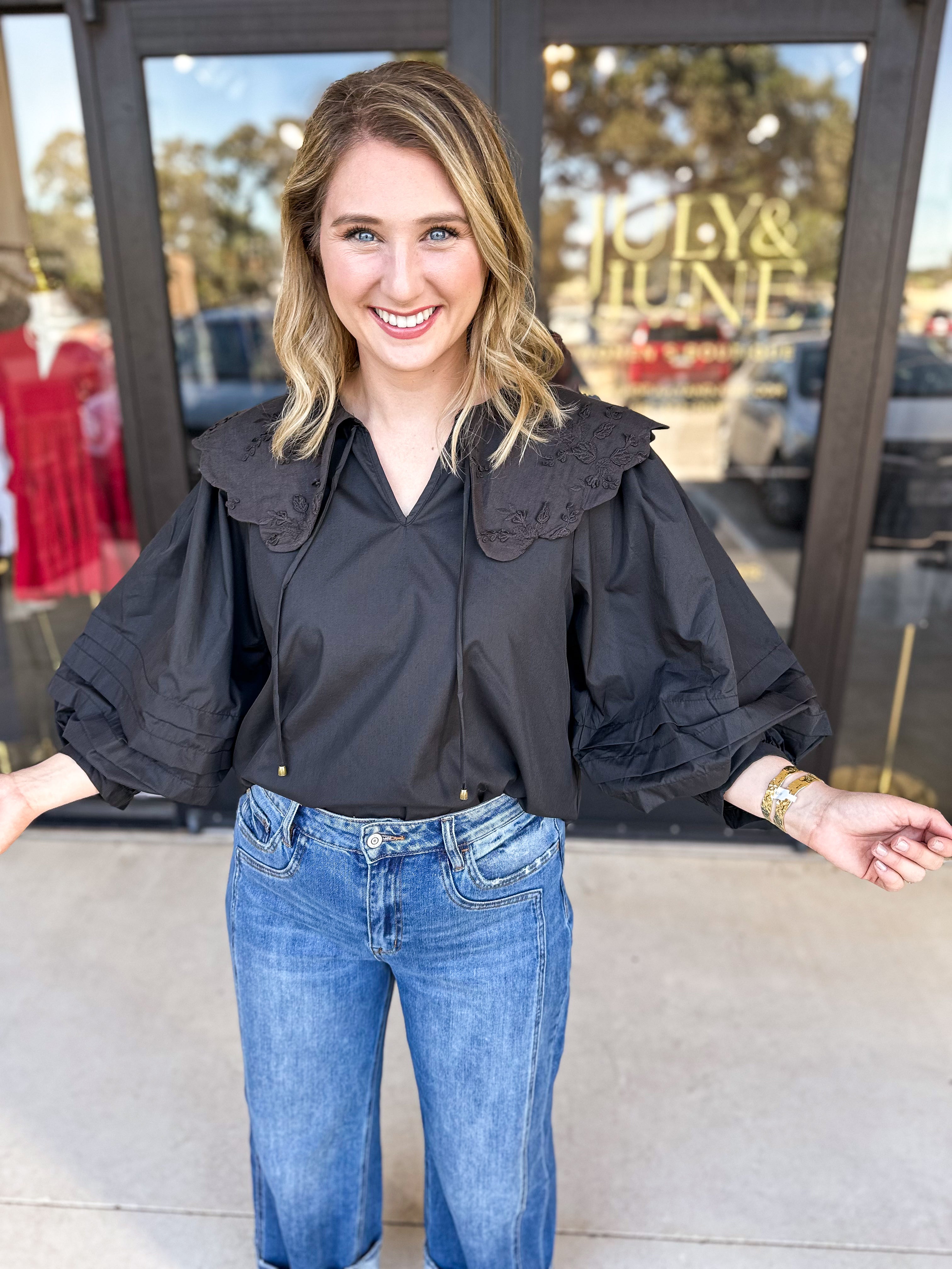 Lace Peter Pan Collar Blouse - Black-200 Fashion Blouses-ENTRO-July & June Women's Fashion Boutique Located in San Antonio, Texas