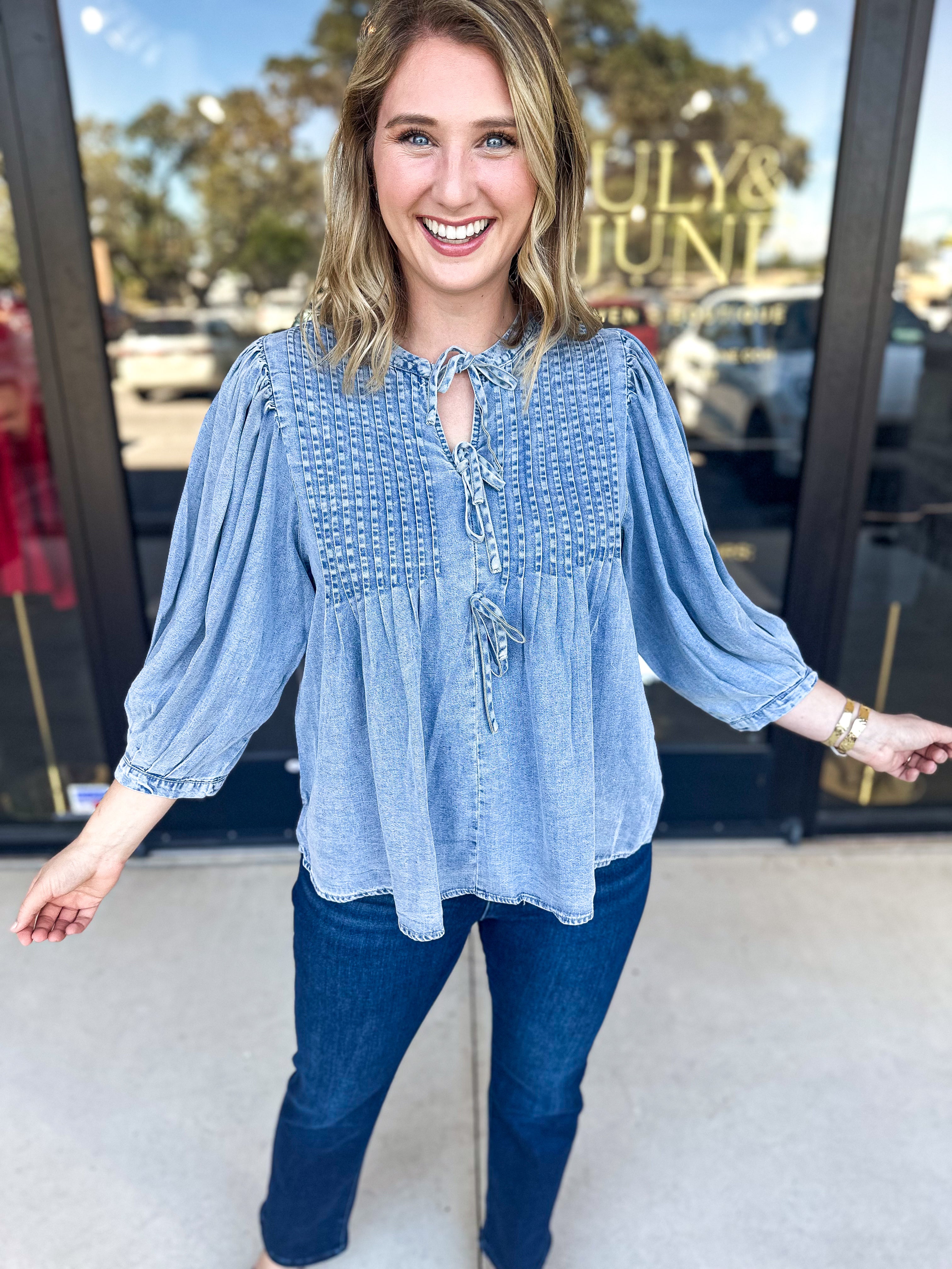 Denim Bow Blouse-200 Fashion Blouses-ENTRO-July & June Women's Fashion Boutique Located in San Antonio, Texas