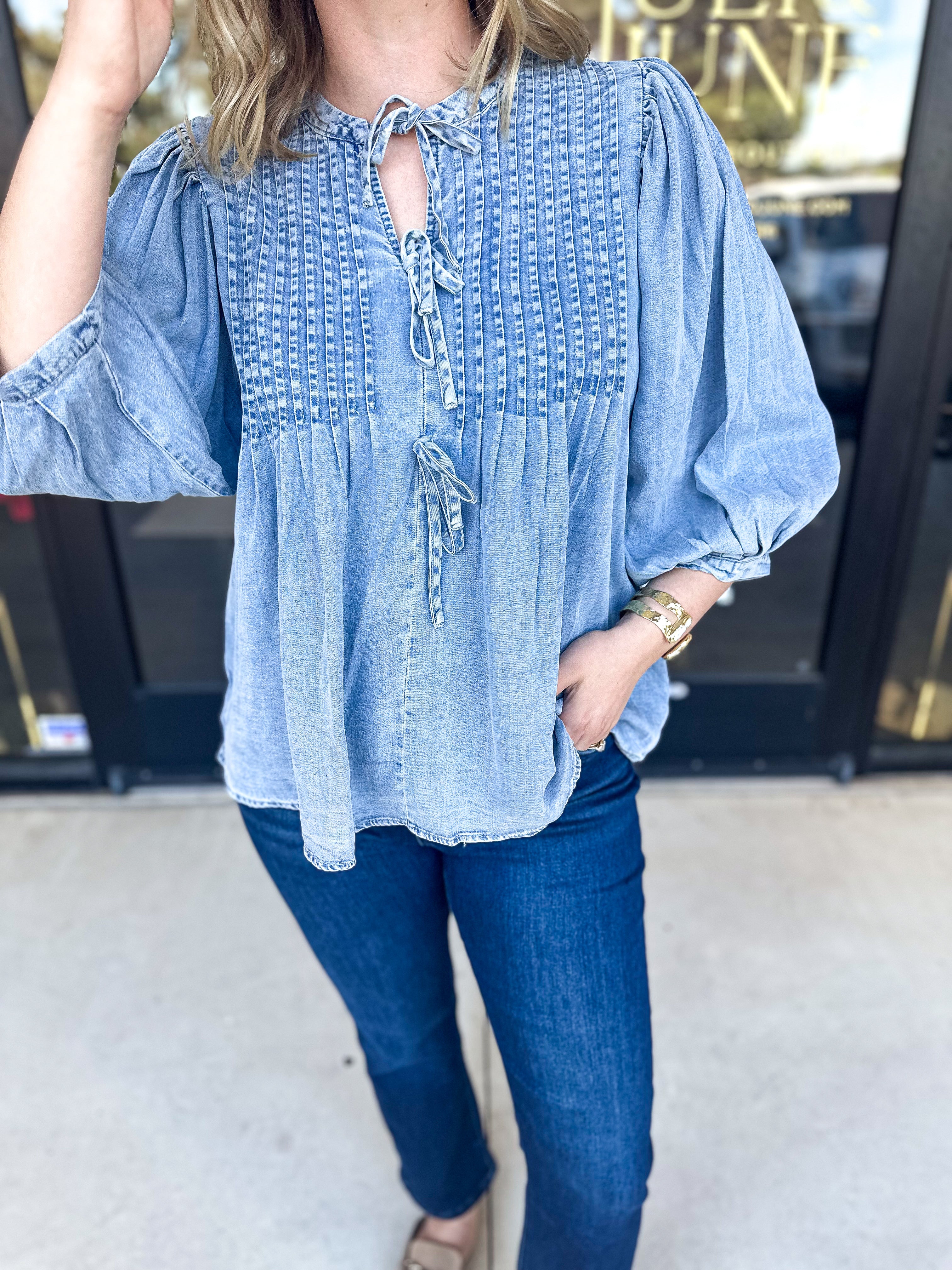 Denim Bow Blouse-200 Fashion Blouses-ENTRO-July & June Women's Fashion Boutique Located in San Antonio, Texas