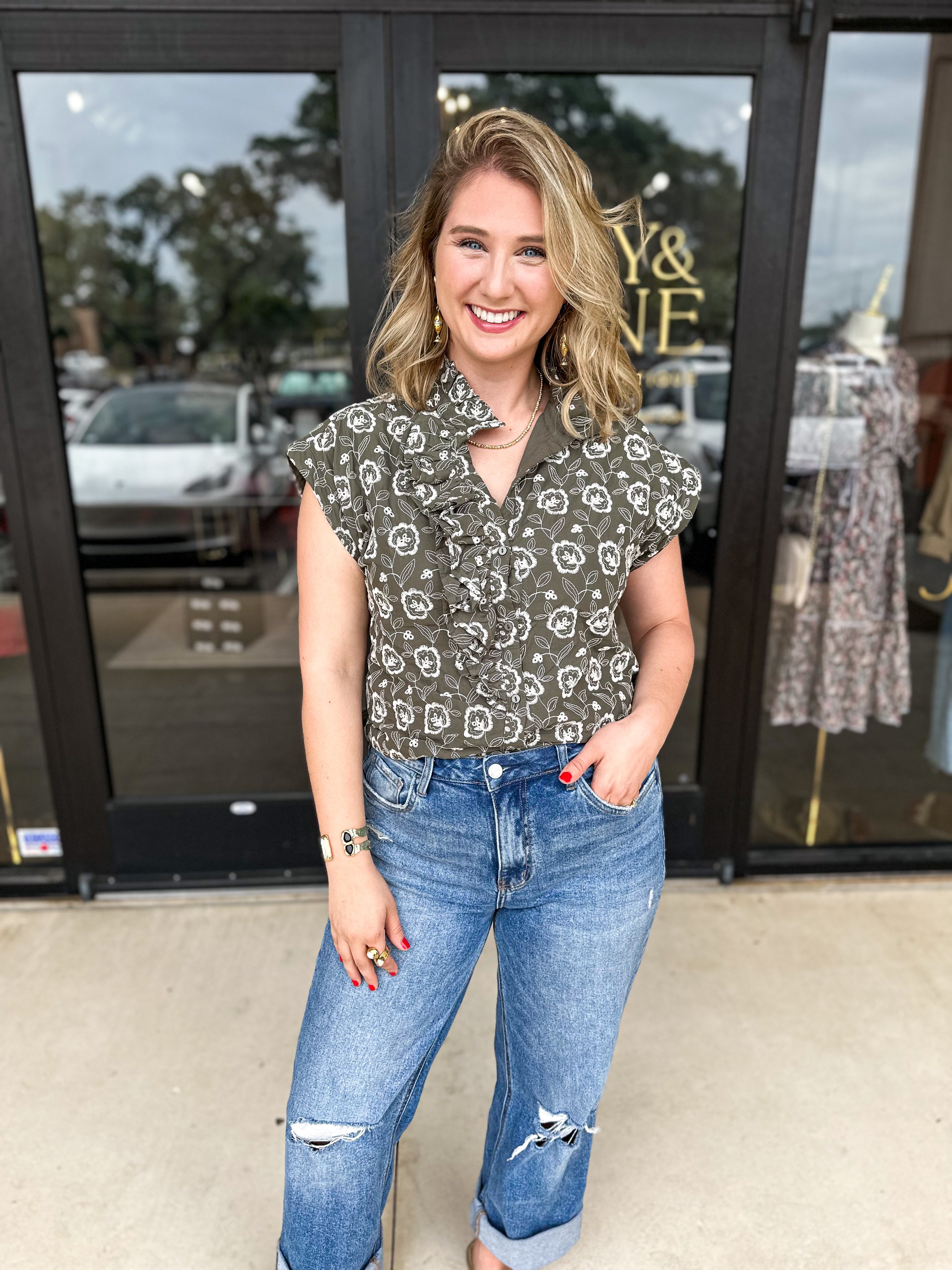 Olive Floral Blouse-200 Fashion Blouses-ENTRO-July & June Women's Fashion Boutique Located in San Antonio, Texas