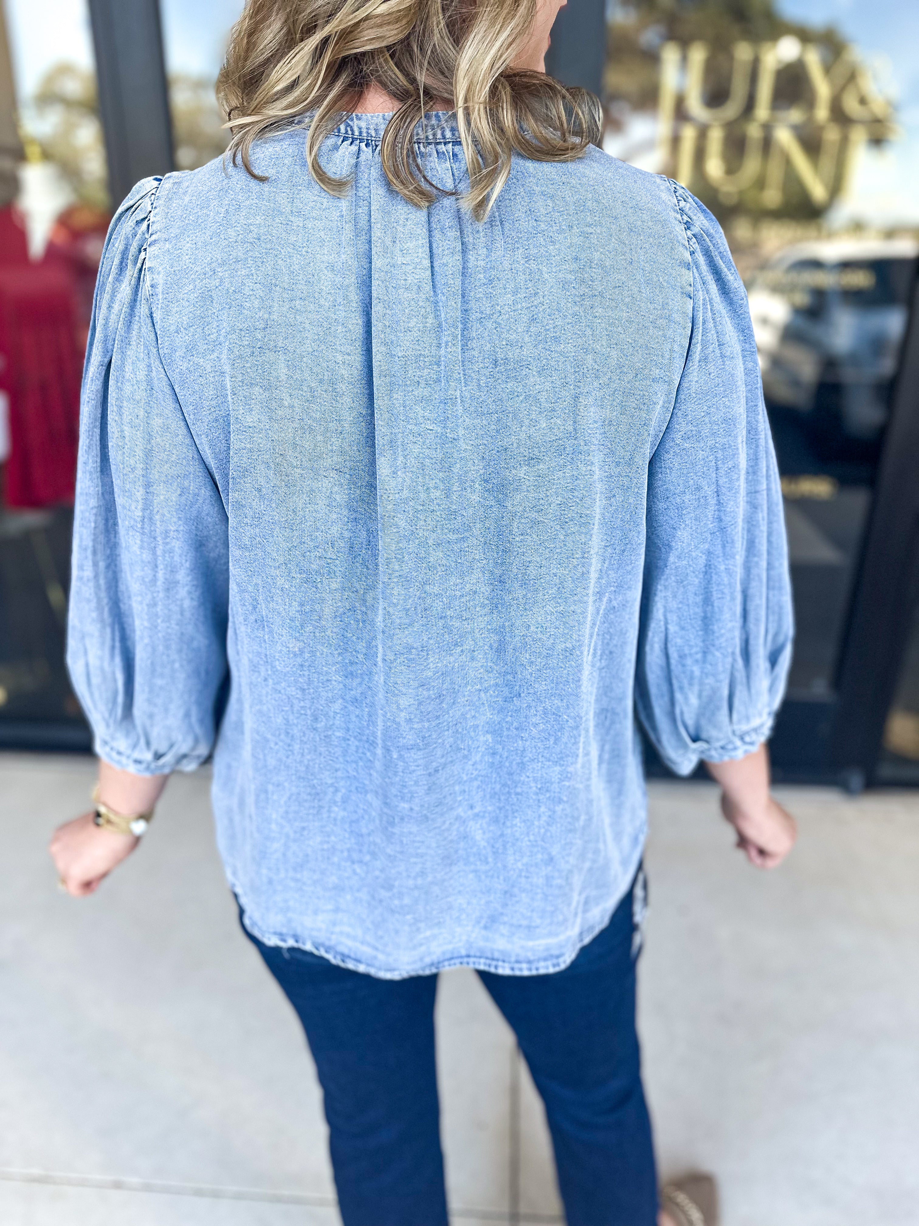 Denim Bow Blouse-200 Fashion Blouses-ENTRO-July & June Women's Fashion Boutique Located in San Antonio, Texas