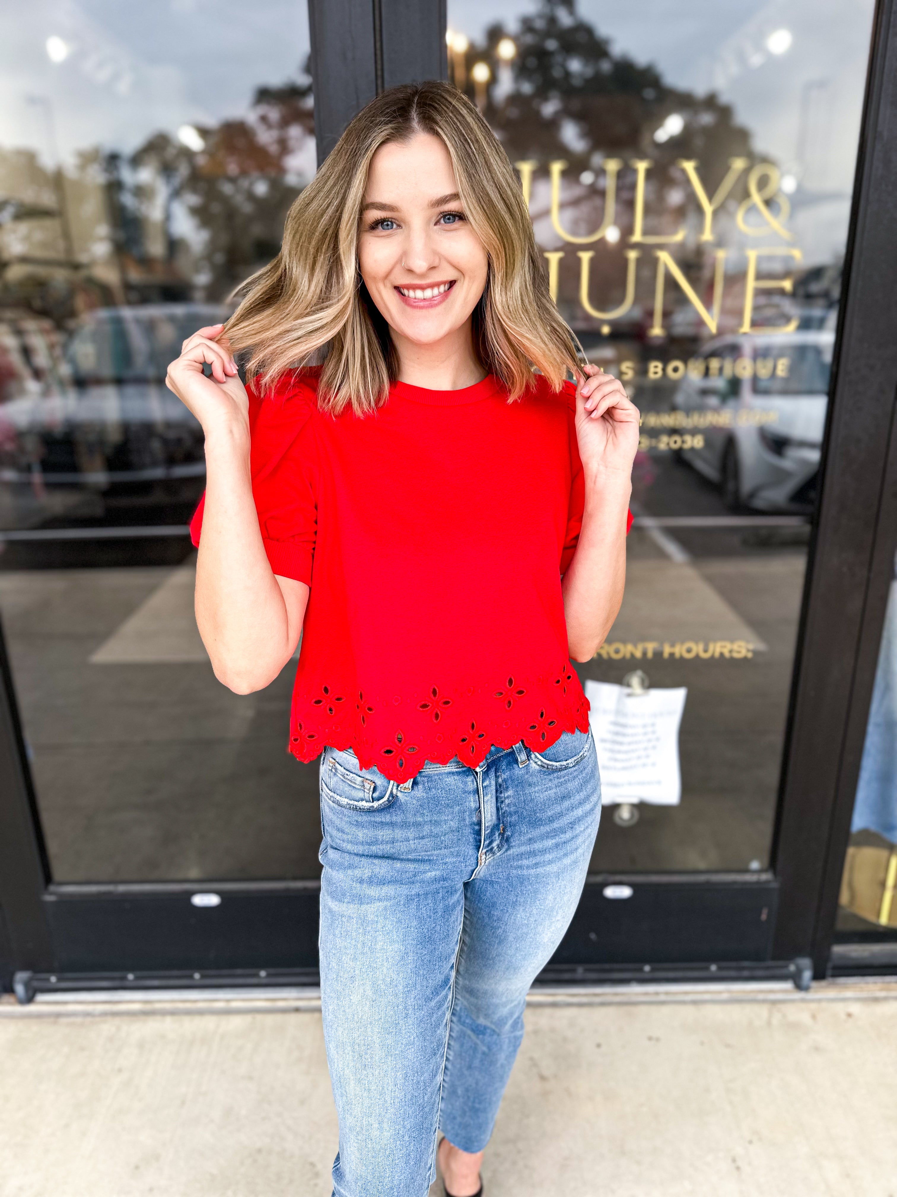 Casual Cut Out Blouse - Red-200 Fashion Blouses-ENTRO-July & June Women's Fashion Boutique Located in San Antonio, Texas