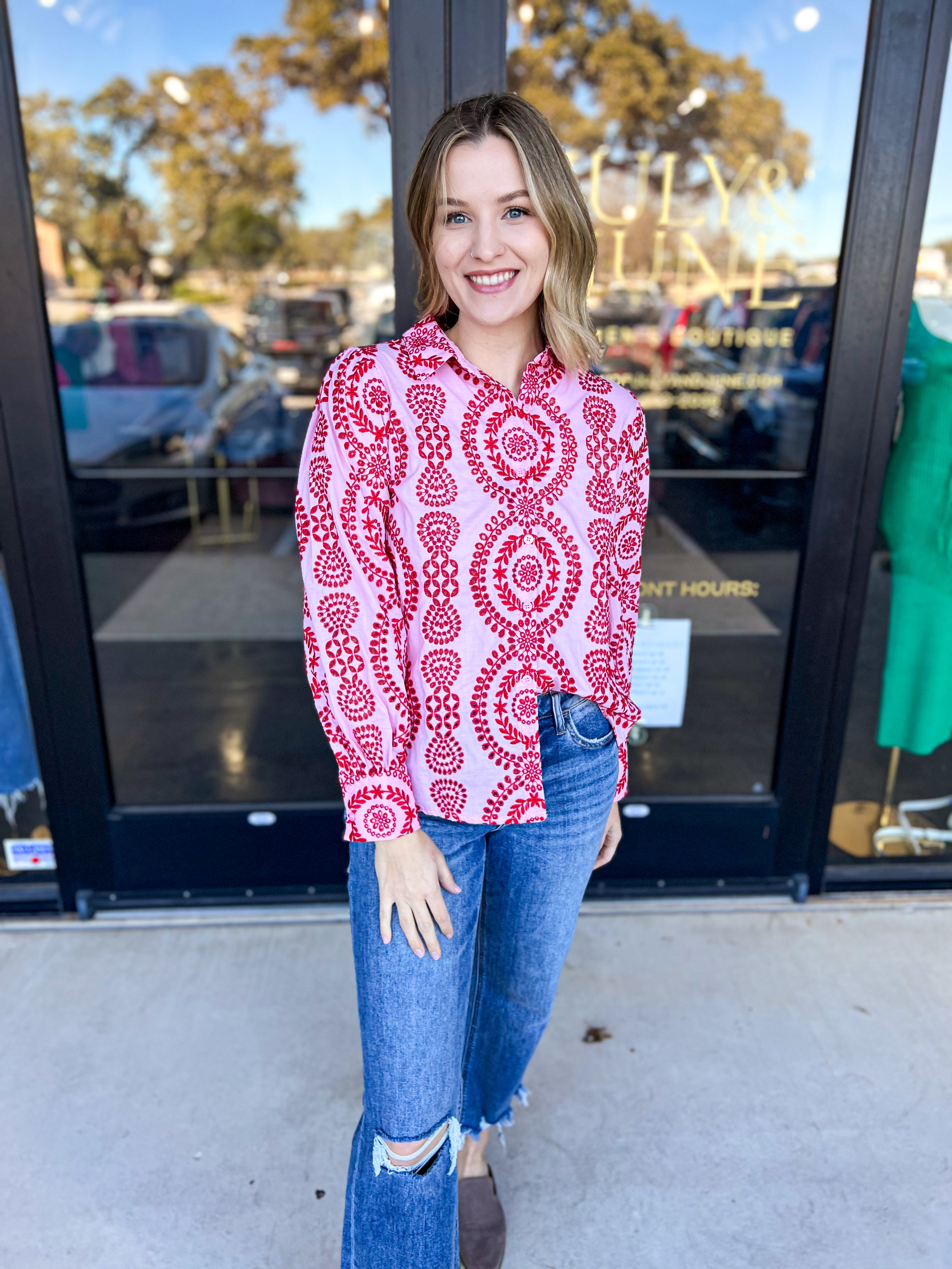 Pink & Red Embroidered Button Down Blouse-200 Fashion Blouses-SKIES ARE BLUE-July & June Women's Fashion Boutique Located in San Antonio, Texas