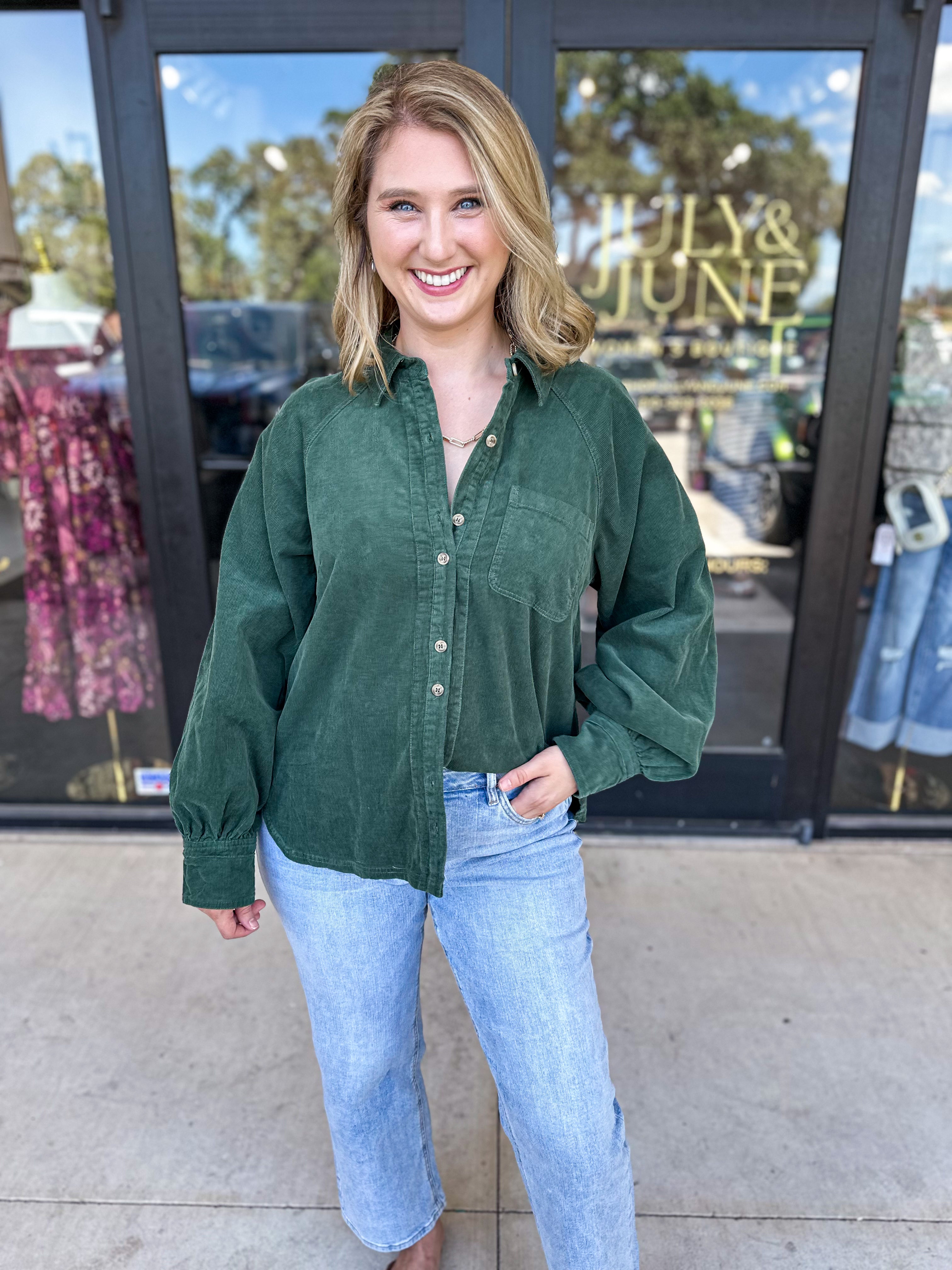 Corduroy Button Down - Deep Green-200 Fashion Blouses-JODIFL-July & June Women's Fashion Boutique Located in San Antonio, Texas