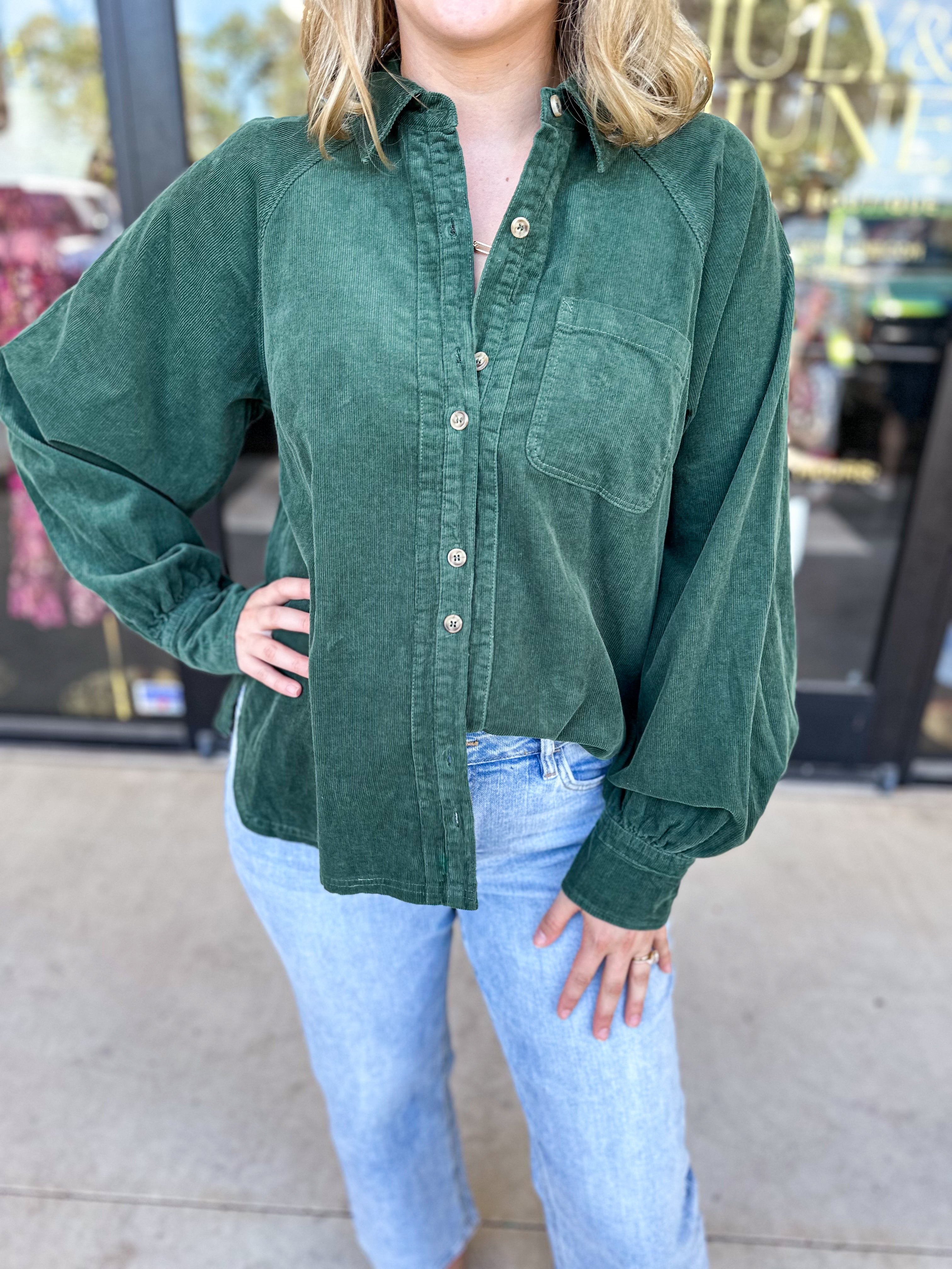 Corduroy Button Down - Deep Green-200 Fashion Blouses-JODIFL-July & June Women's Fashion Boutique Located in San Antonio, Texas