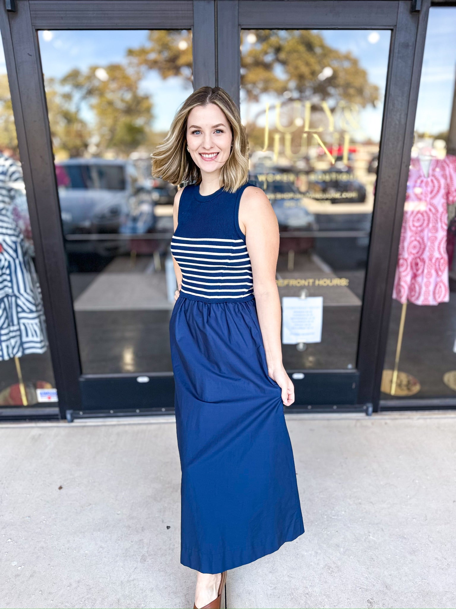 The Delilah Dress - Navy & Ivory-500 Midi-SKIES ARE BLUE-July & June Women's Fashion Boutique Located in San Antonio, Texas