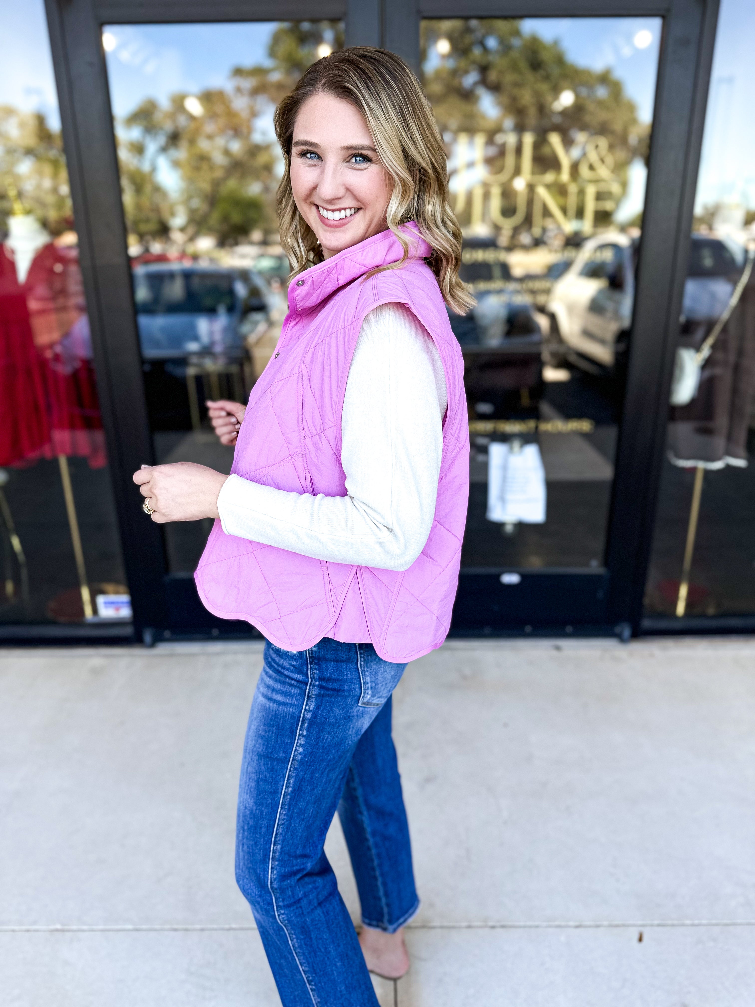 Scalloped Puffer Vest - Pink-600 Outerwear-ENTRO-July & June Women's Fashion Boutique Located in San Antonio, Texas