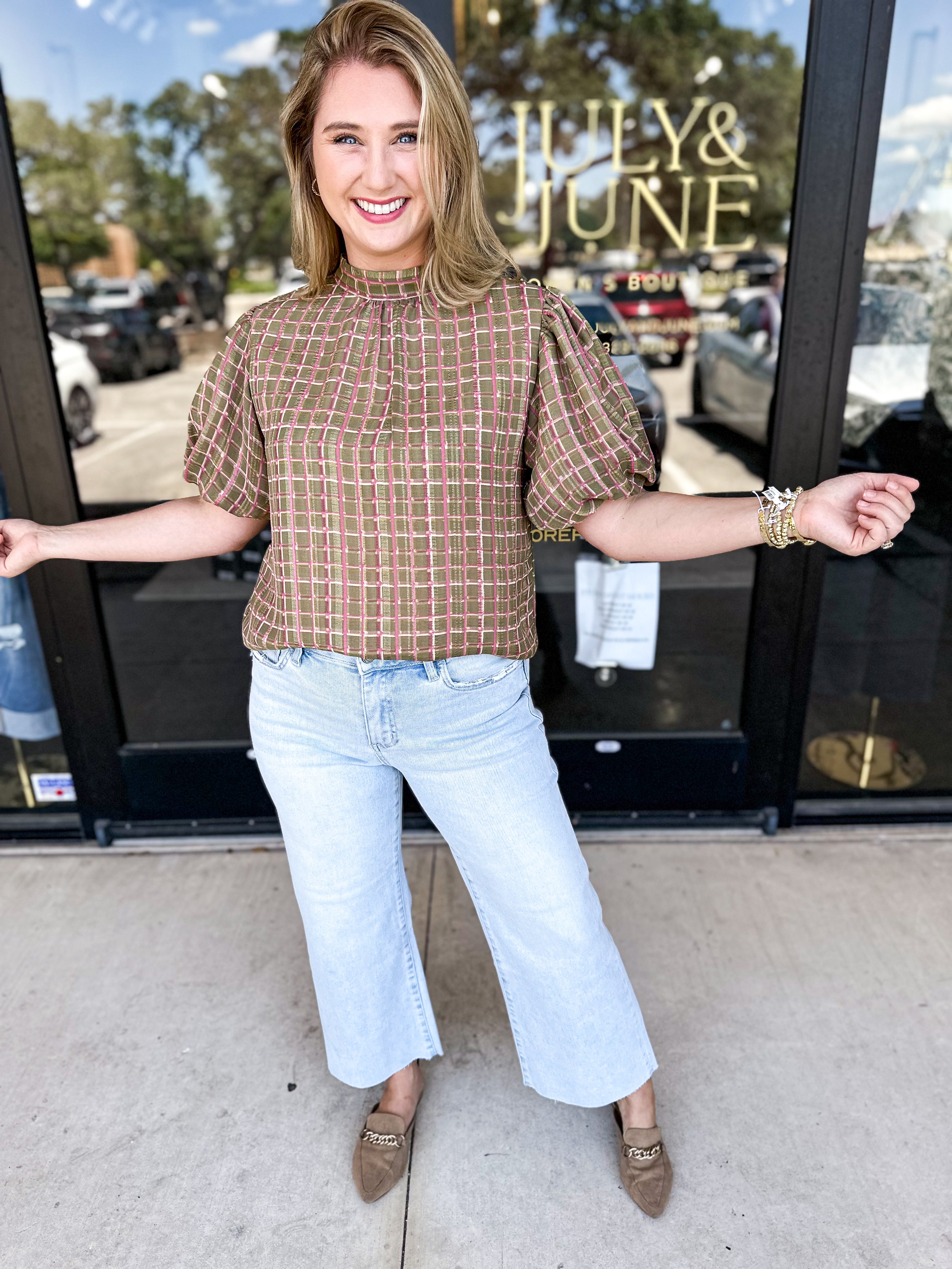 THML - Olive Plaid Blouse-200 Fashion Blouses-THML-July & June Women's Fashion Boutique Located in San Antonio, Texas