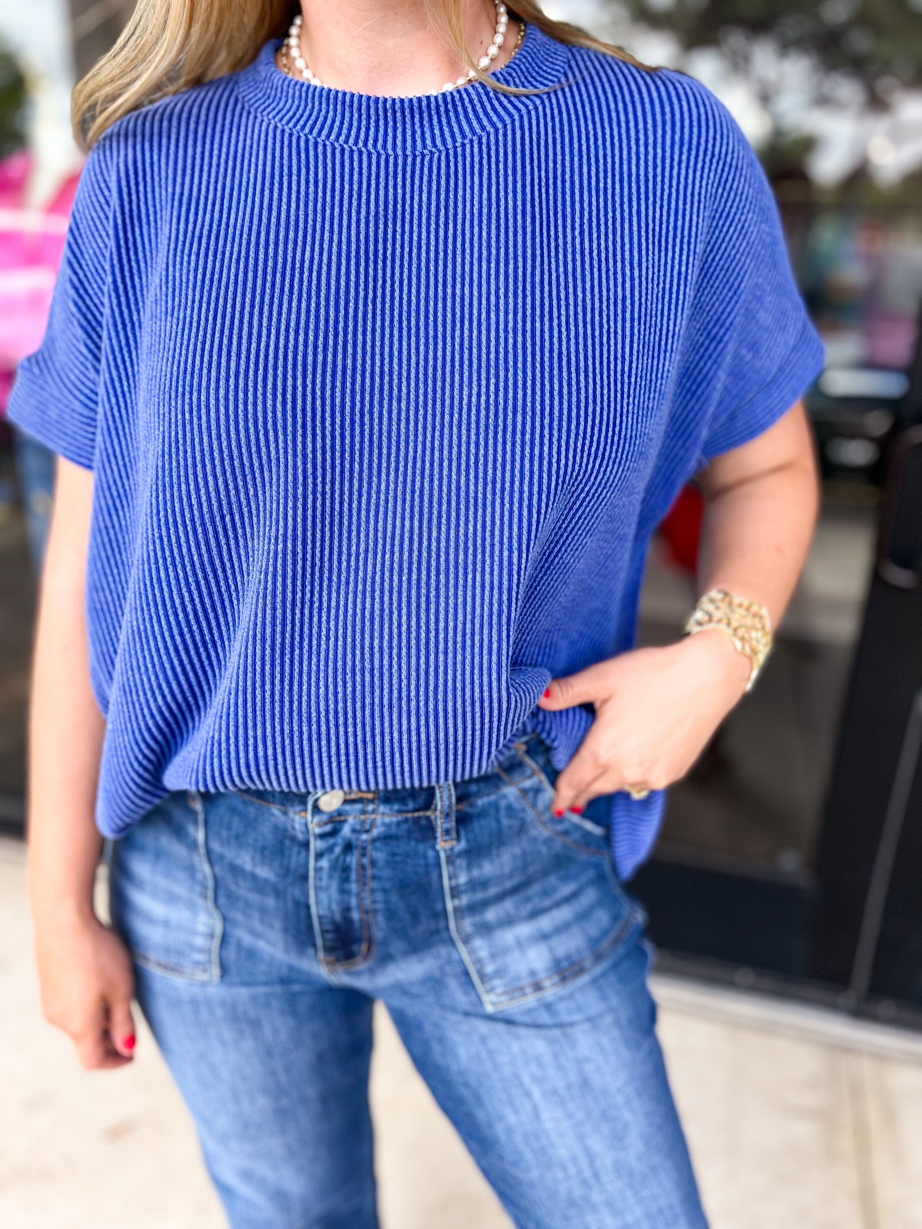Ribbed Oversized Tee - Cobalt Blue-210 Casual Blouses-ENTRO-July & June Women's Fashion Boutique Located in San Antonio, Texas