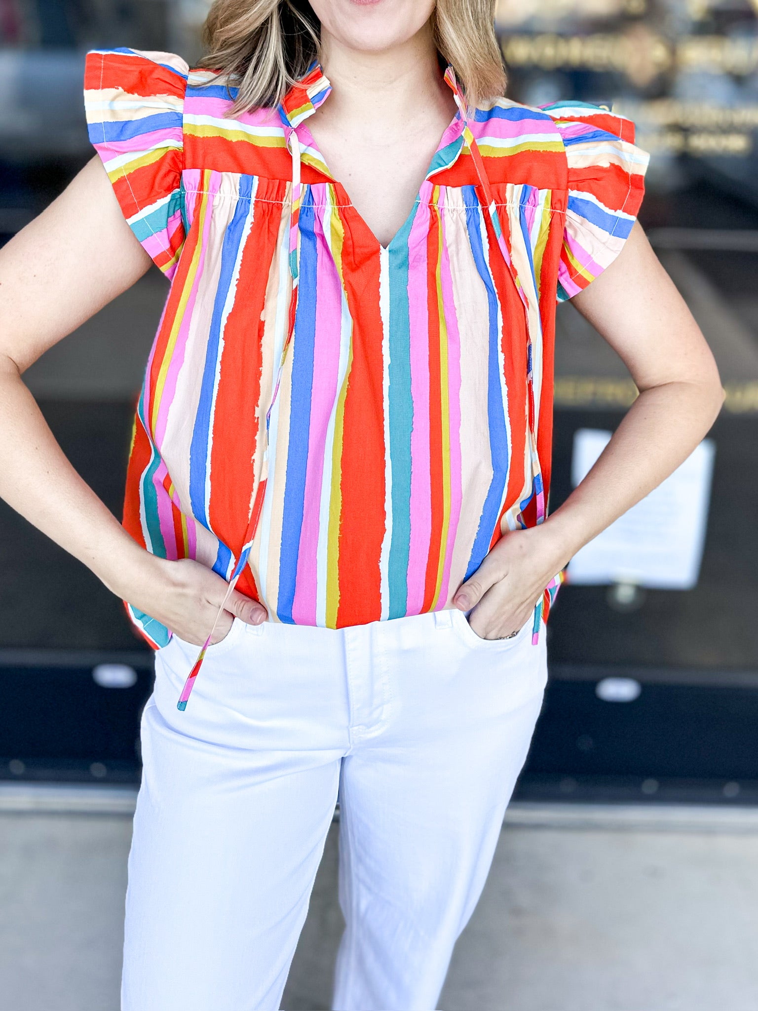 Orange Multi Flutter Sleeve Blouse-200 Fashion Blouses-FATE-July & June Women's Fashion Boutique Located in San Antonio, Texas