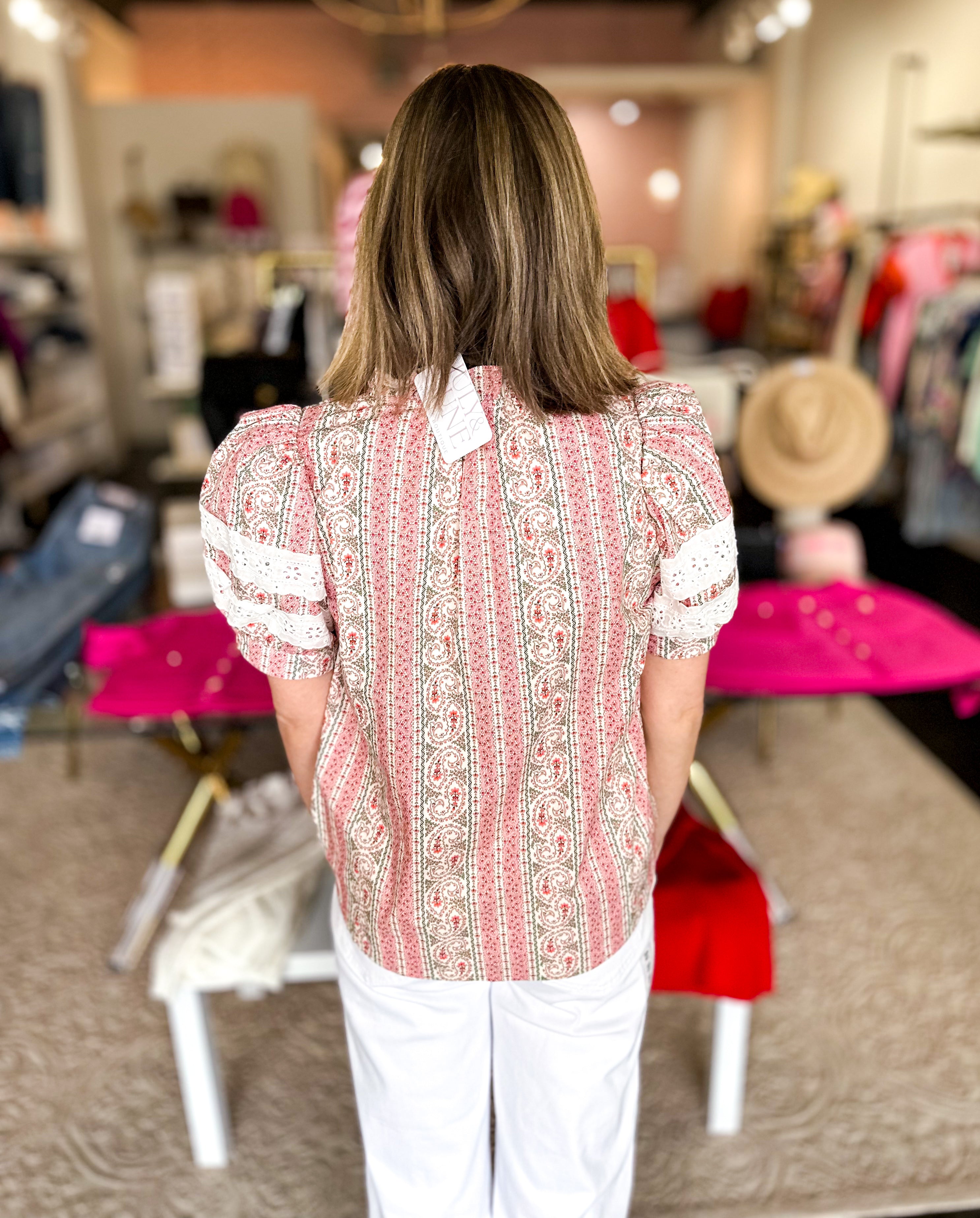 Paisley & Crochet Blouse-200 Fashion Blouses-ENTRO-July & June Women's Fashion Boutique Located in San Antonio, Texas