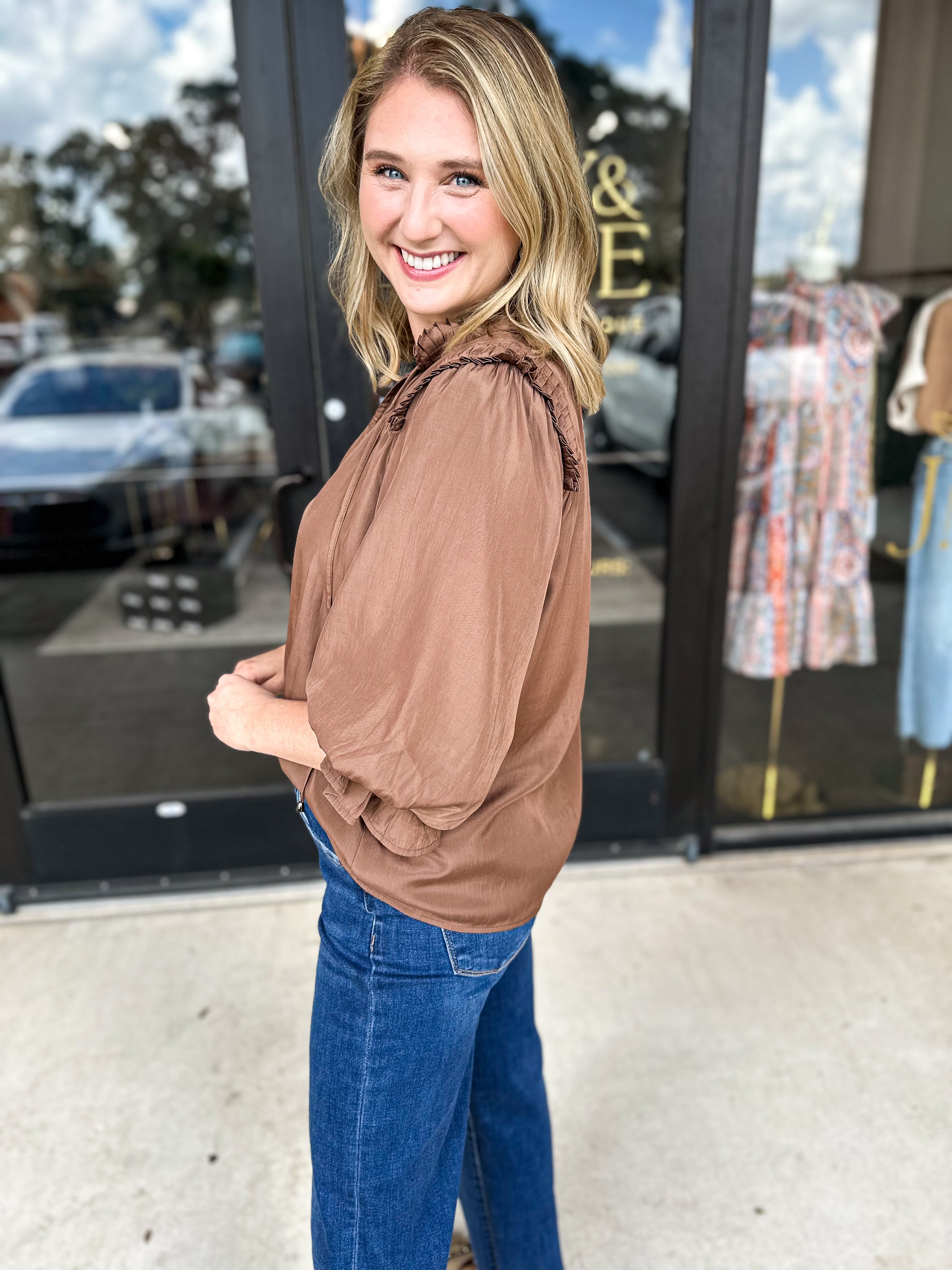 Falling For You Blouse - Mocha-200 Fashion Blouses-ENTRO-July & June Women's Fashion Boutique Located in San Antonio, Texas